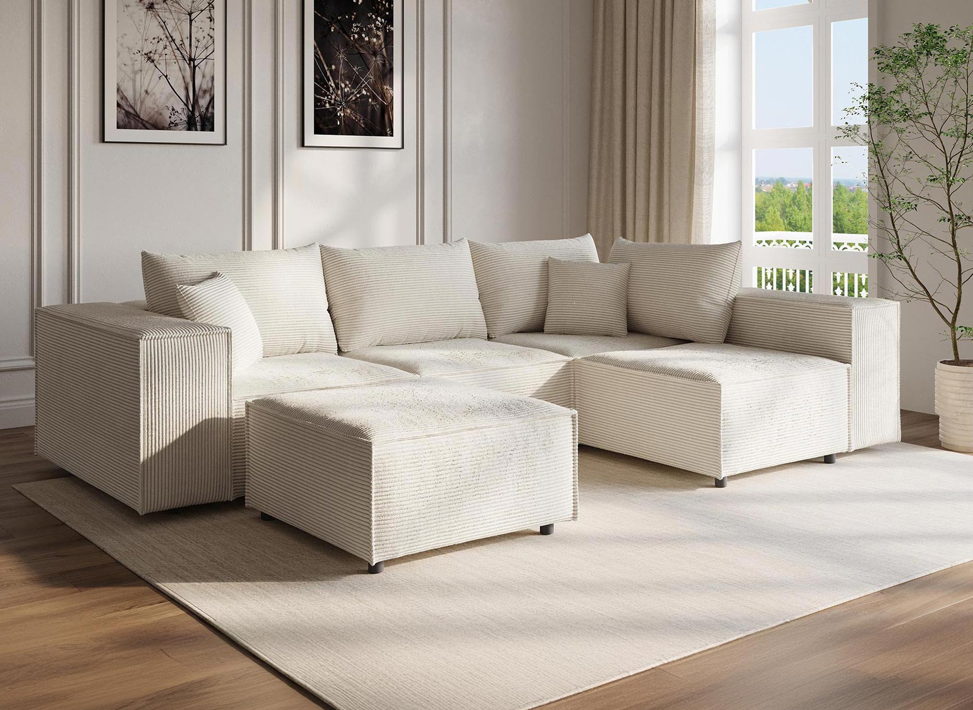 HARLEM XL modulares Ecksofa mit 1 Hocker aus dickem beigem Cord