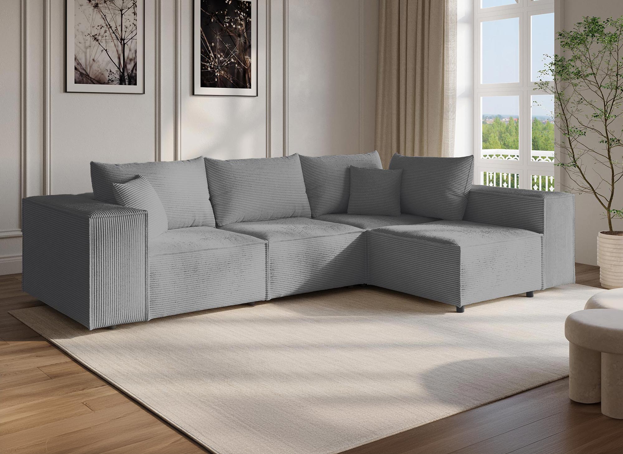 HARLEM XL modulares Ecksofa mit 1 Pouf aus dickem grauem Cord