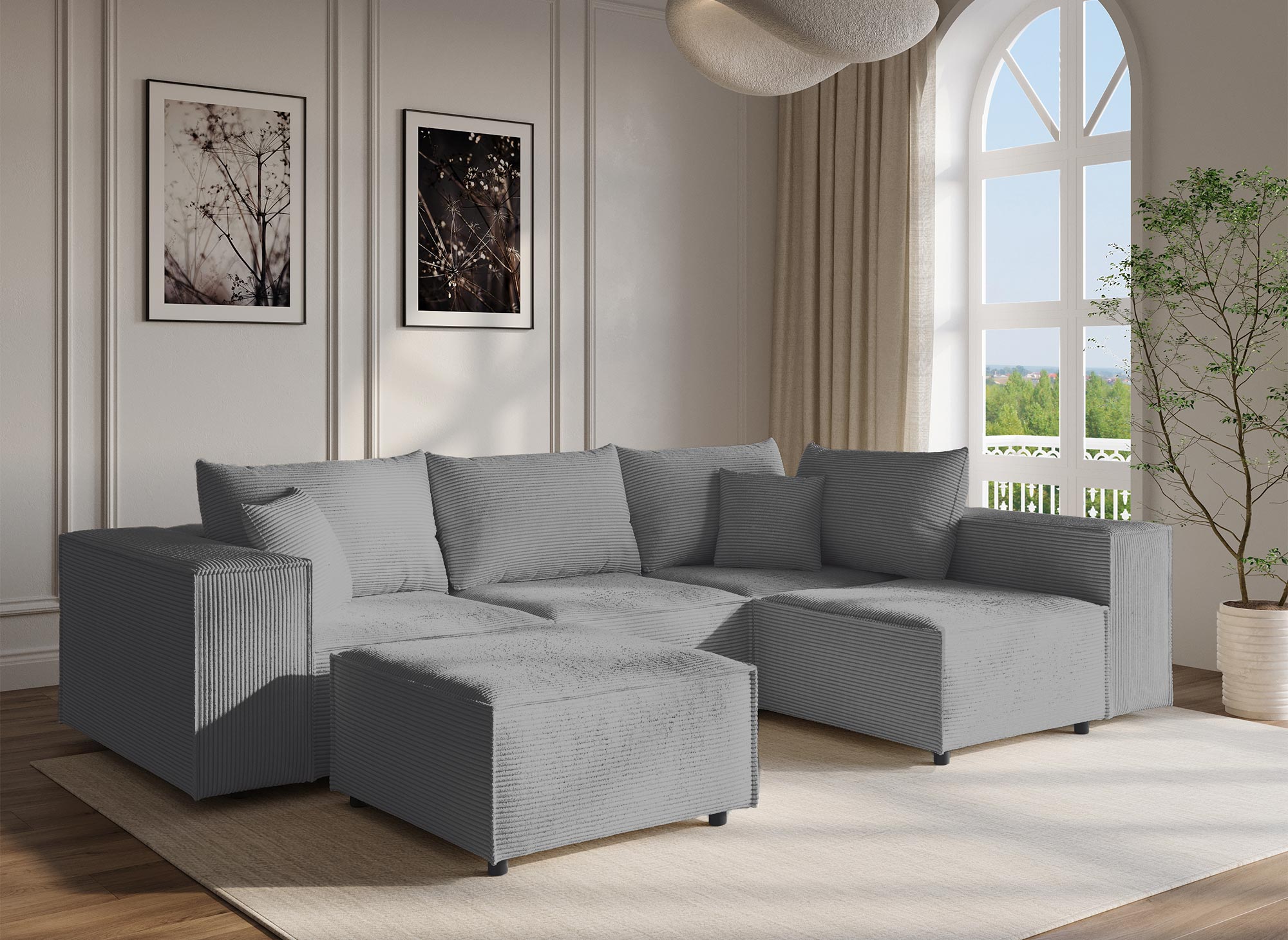 HARLEM XL modulares Ecksofa mit 1 Pouf aus dickem grauem Cord