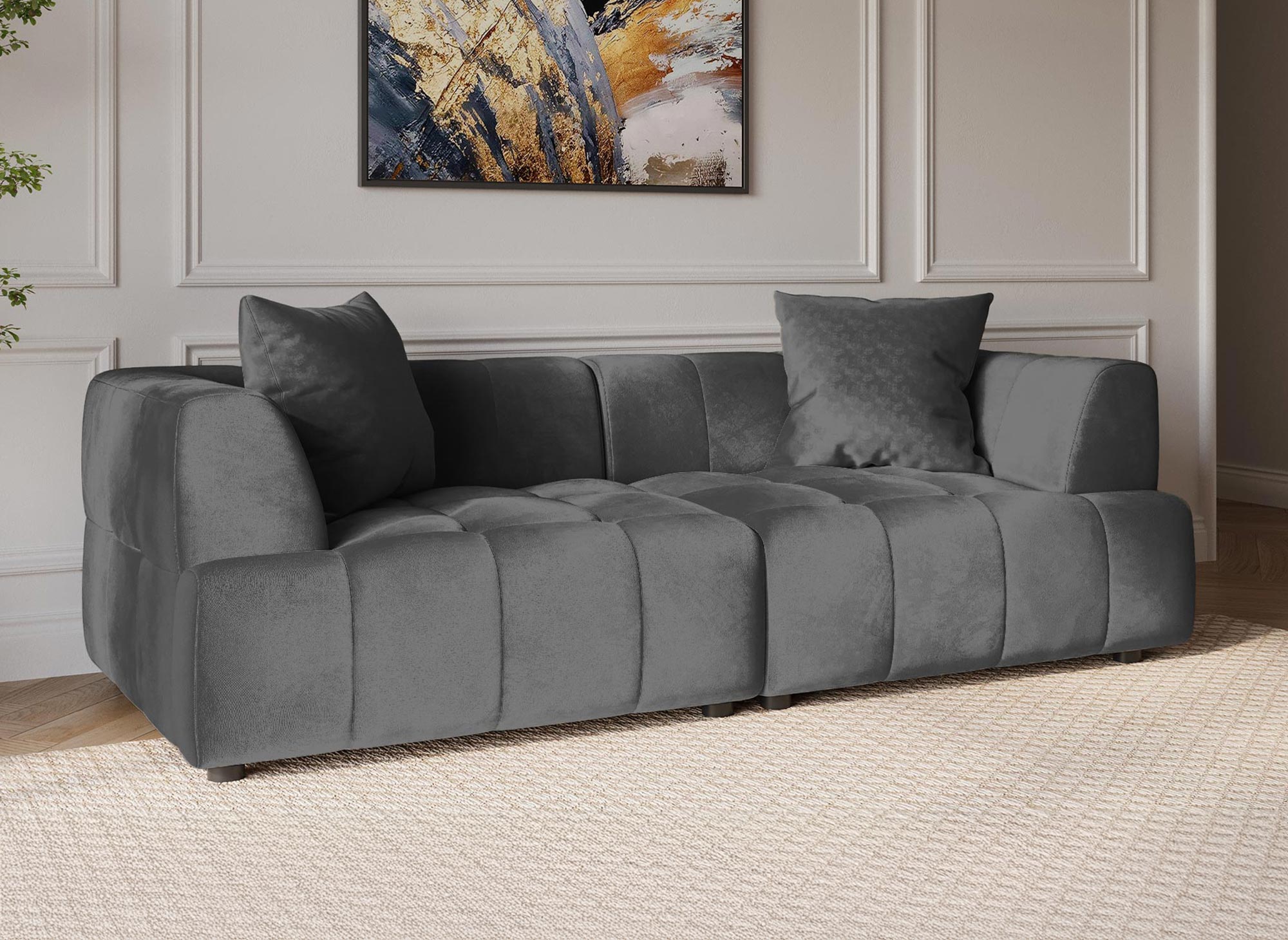 KELIA 3-Sitzer-Sofa gerade aus grauem Samt