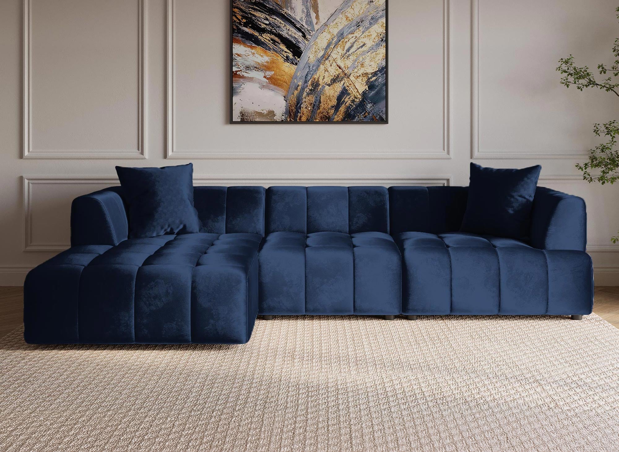 KELIA Ecksofa aus blauem Samt mit Chaiselongue - Linke Ecke