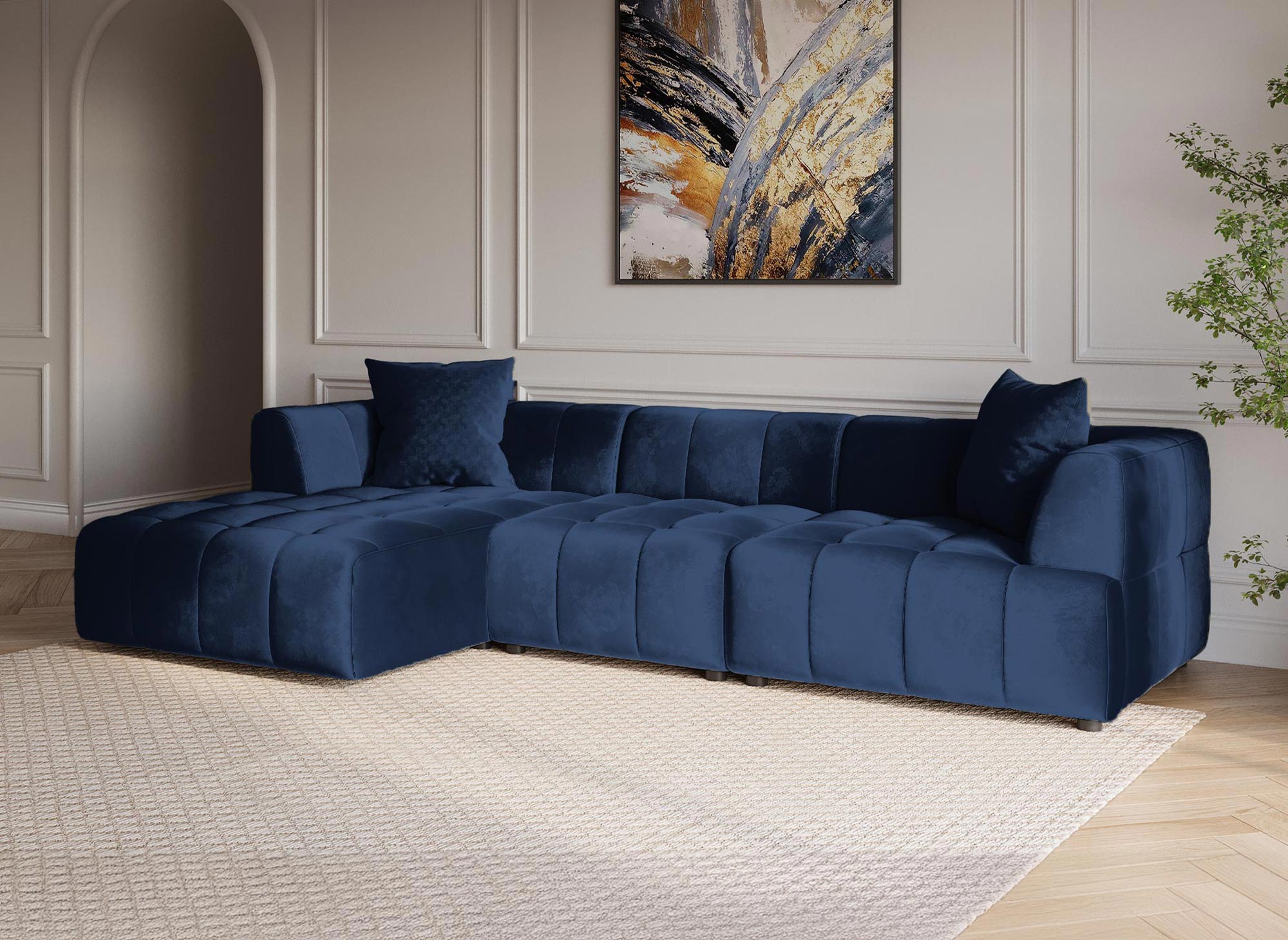 KELIA Ecksofa aus blauem Samt mit Chaiselongue - Linke Ecke