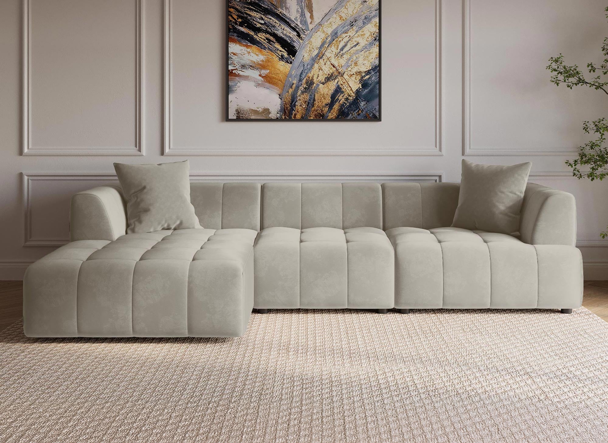 KELIA Ecksofa aus beigefarbenem Samt mit Chaiselongue - Linke Ecke