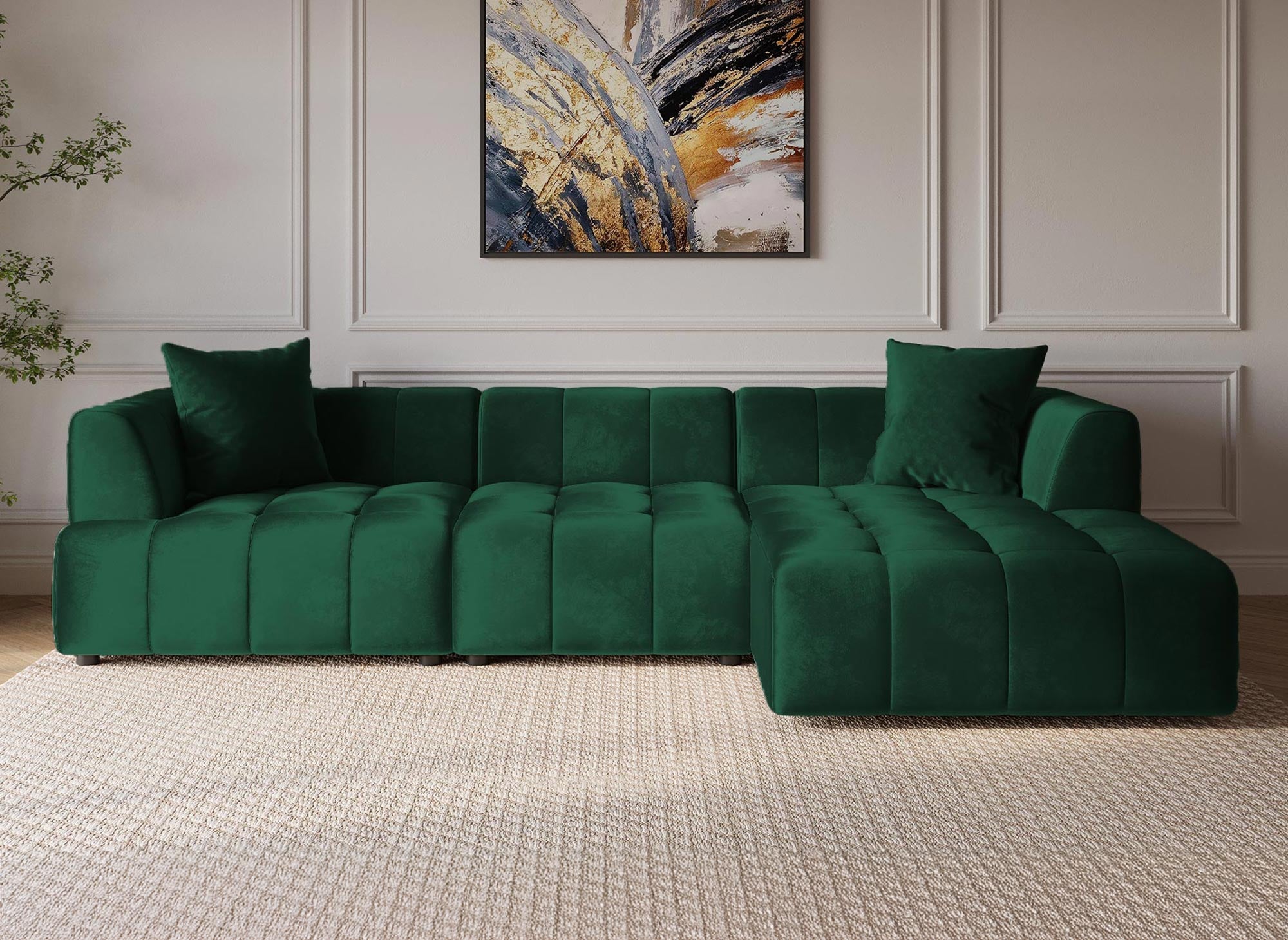 KELIA Ecksofa aus grünem Samt mit Chaiselongue - rechtwinklig