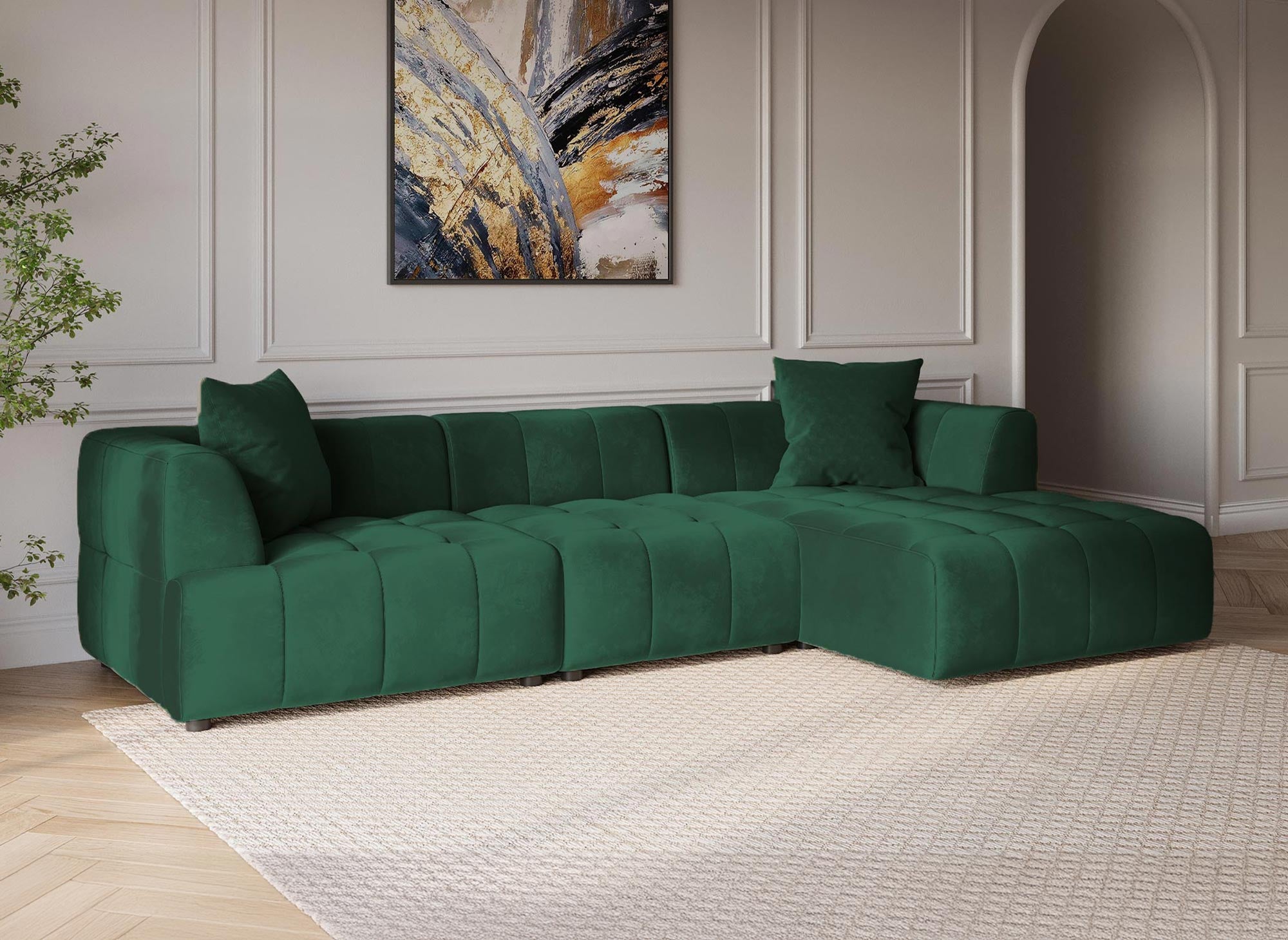 KELIA Ecksofa aus grünem Samt mit Chaiselongue - rechtwinklig