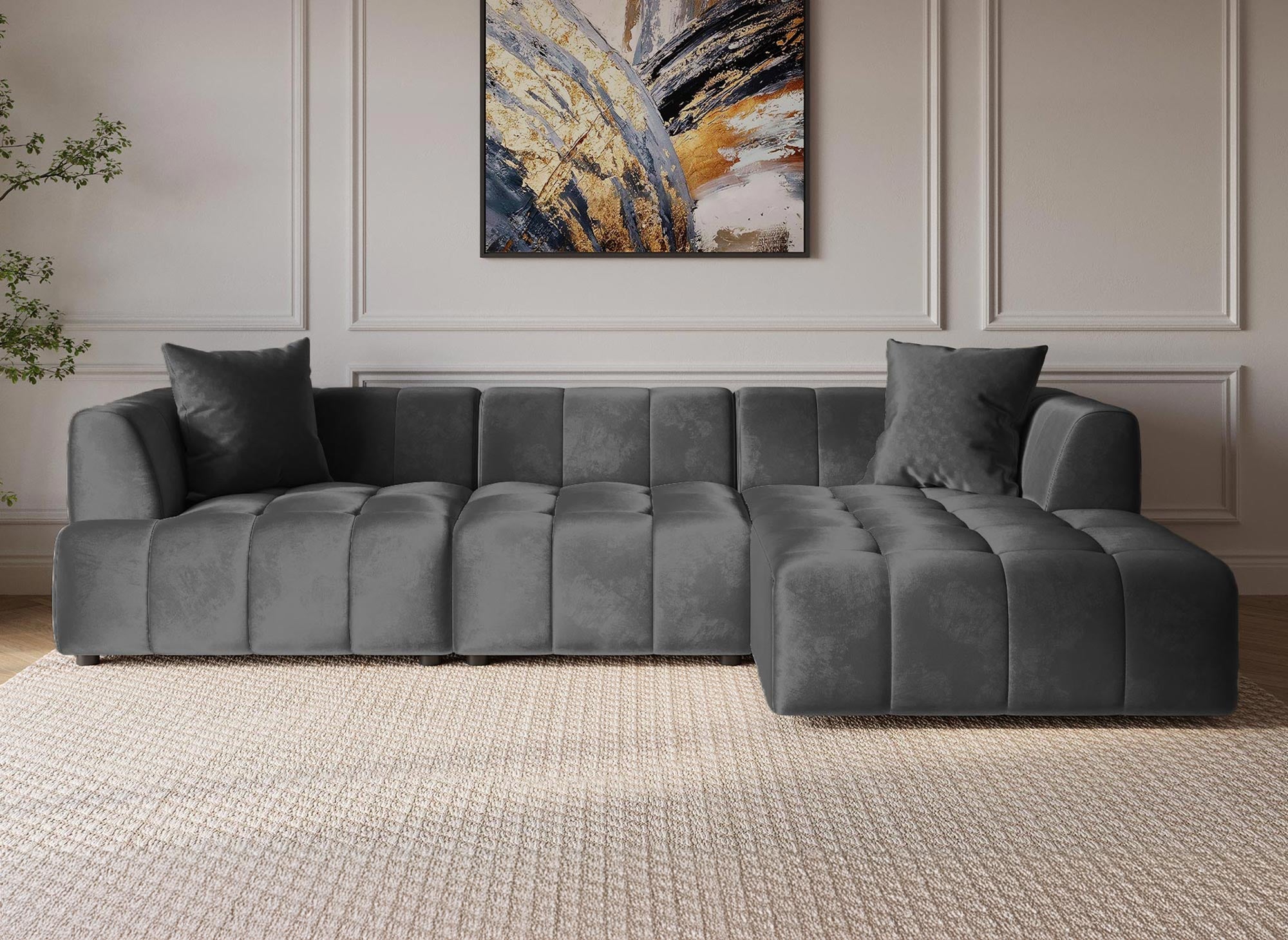 KELIA Ecksofa aus grauem Samt mit Chaiselongue - rechtwinklig