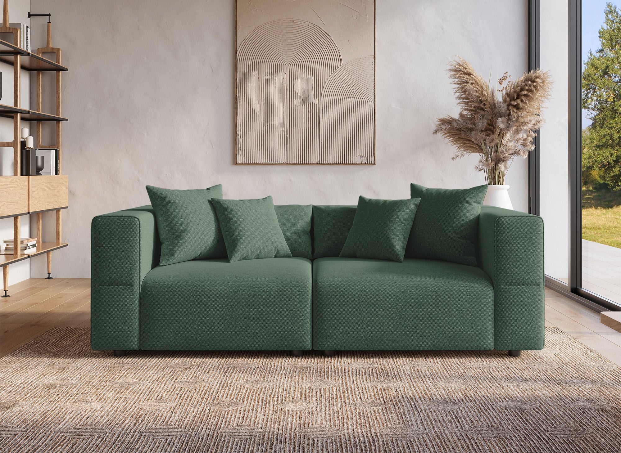 EVELYNE 3-Sitzer-Sofa mit festem Sitz in grünem Stoff