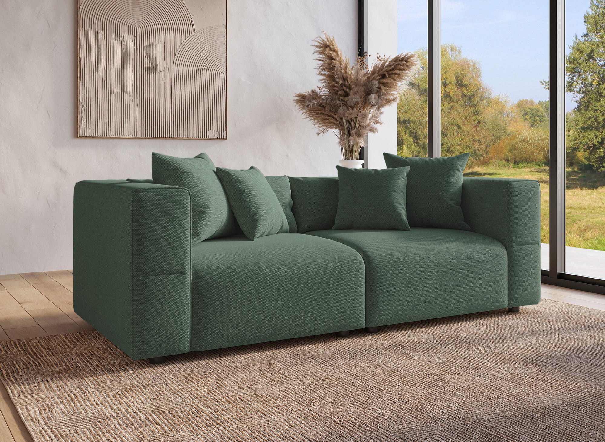 EVELYNE 3-Sitzer-Sofa mit festem Sitz in grünem Stoff