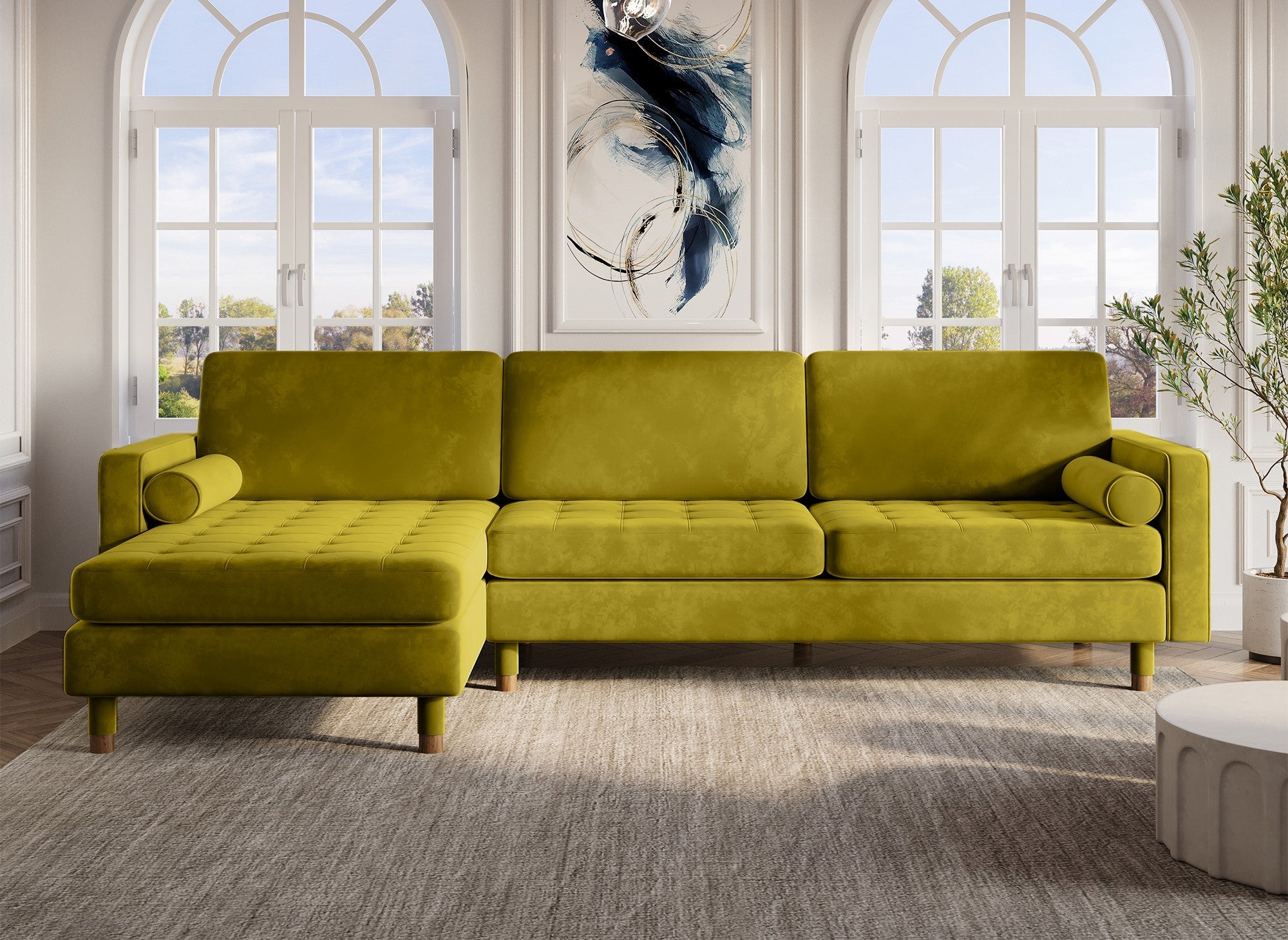 SALAMBO Skandinavisches Ecksofa aus goldgrünem Samt - Linke Ecke