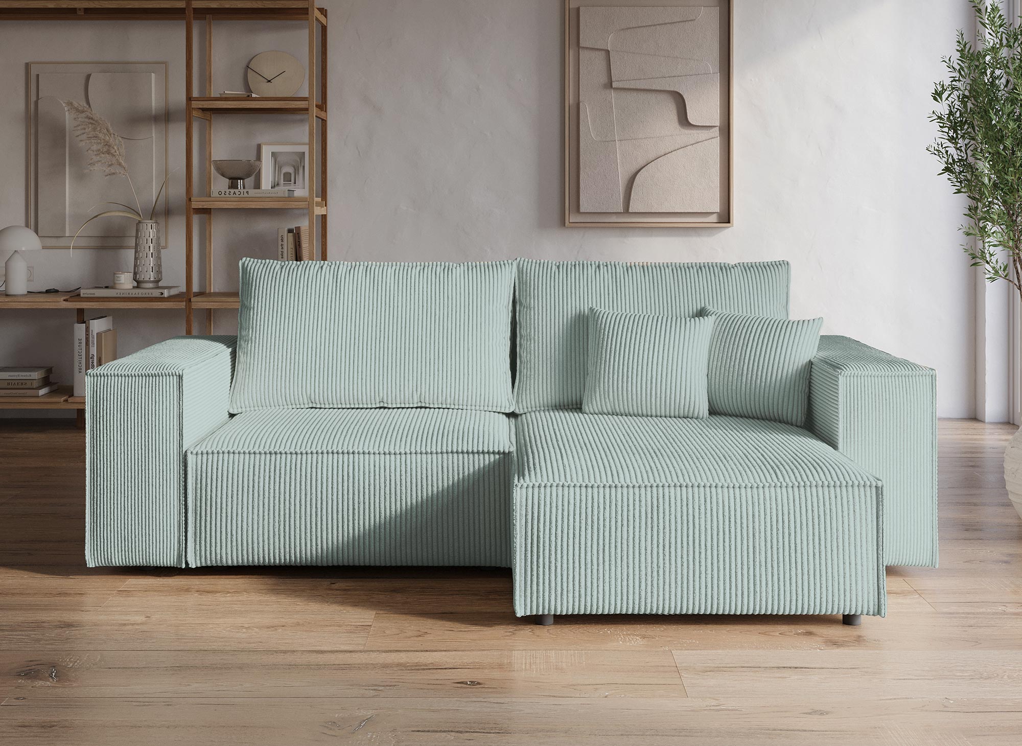 JADE MINI wassergrünes Cord-Ecksofa mit Stauraum, umwandelbar und wendbar