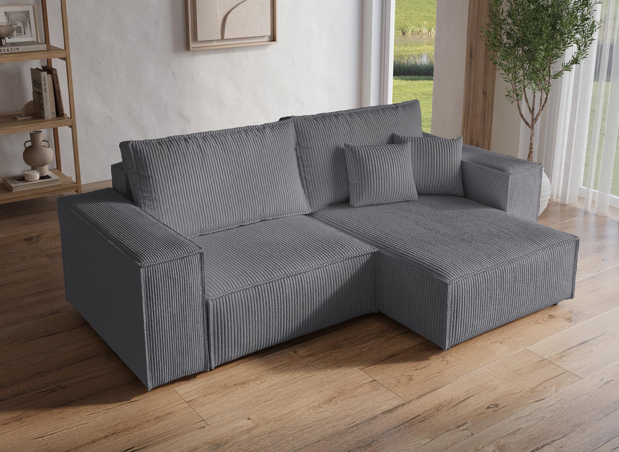 JADE MINI Ecksofa aus anthrazitgrauem Cord, umwandelbar und wendbar, mit Stauraum