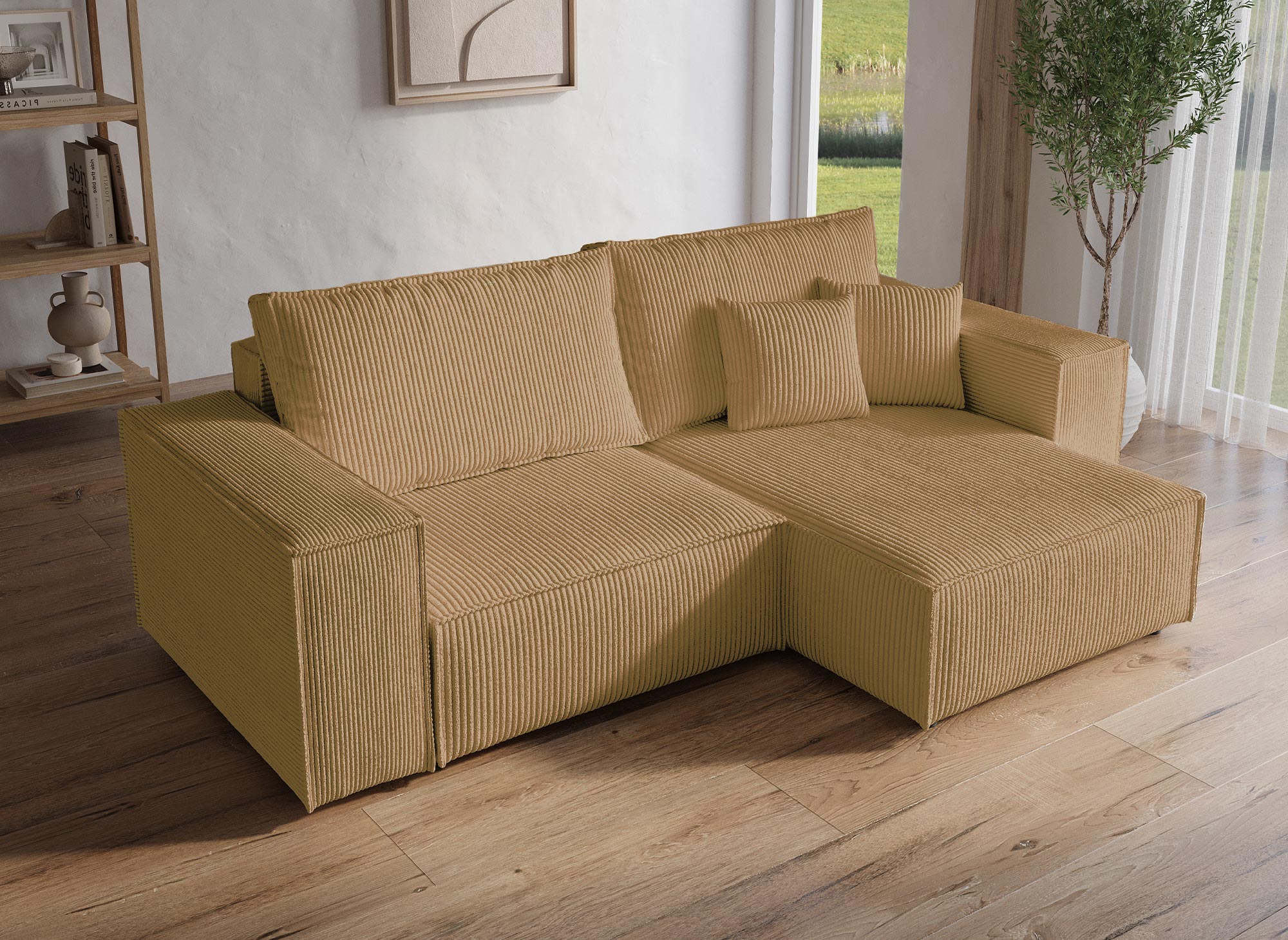 JADE MINI senffarbenes, umwandelbares und wendbares Ecksofa aus Cord mit Stauraum