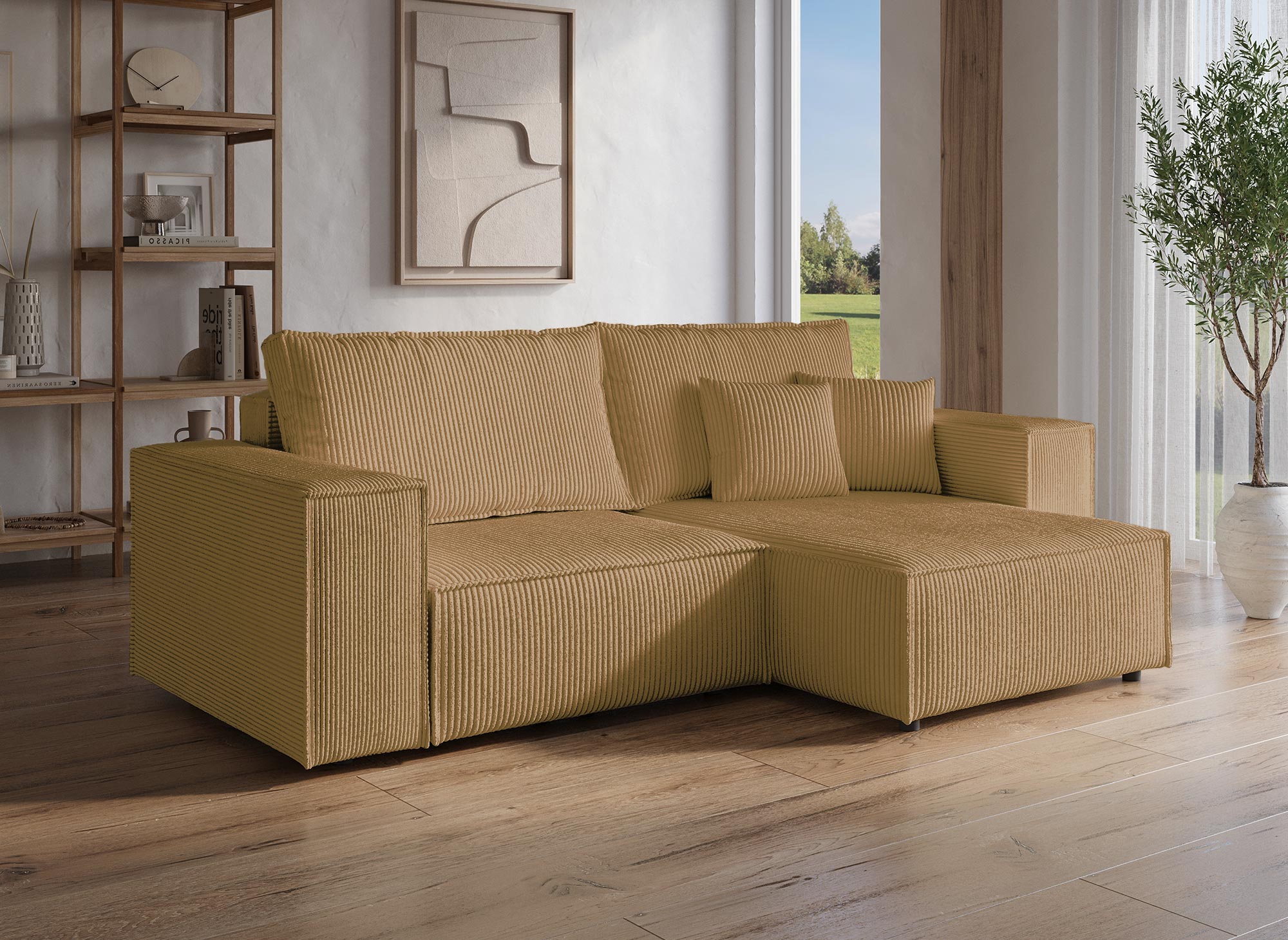 JADE MINI senffarbenes, umwandelbares und wendbares Ecksofa aus Cord mit Stauraum