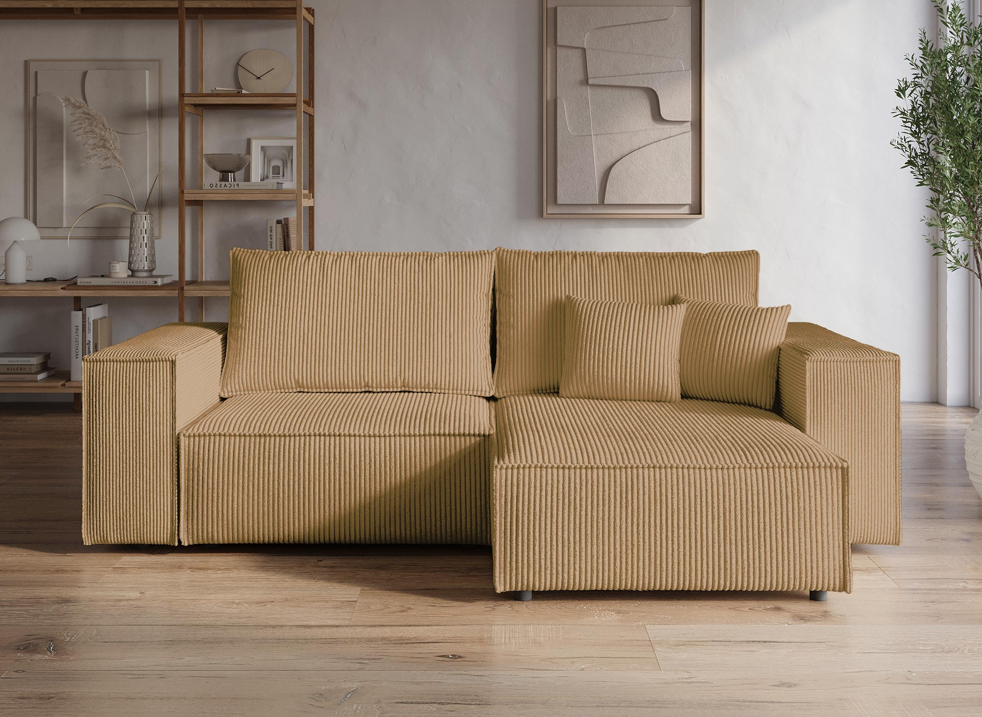 JADE MINI senffarbenes, umwandelbares und wendbares Ecksofa aus Cord mit Stauraum