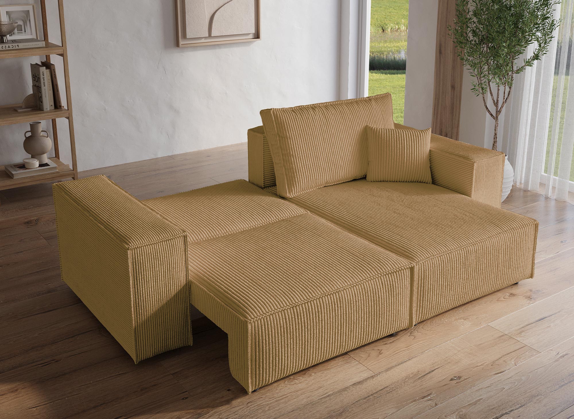 JADE MINI senffarbenes, umwandelbares und wendbares Ecksofa aus Cord mit Stauraum