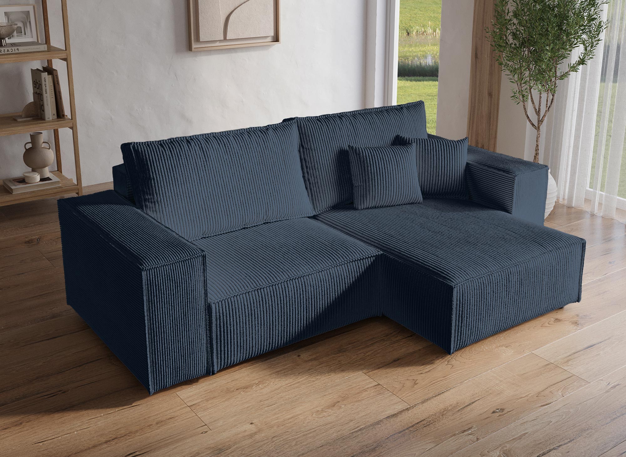 JADE MINI Ecksofa aus blauem Cord mit Stauraum, umwandelbar und wendbar