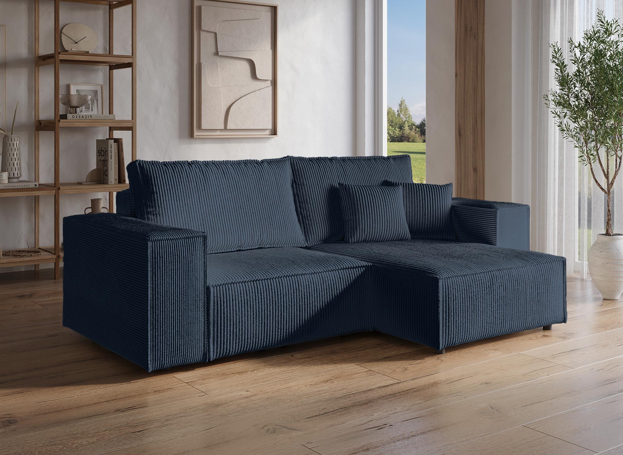 JADE MINI Ecksofa aus blauem Cord mit Stauraum, umwandelbar und wendbar
