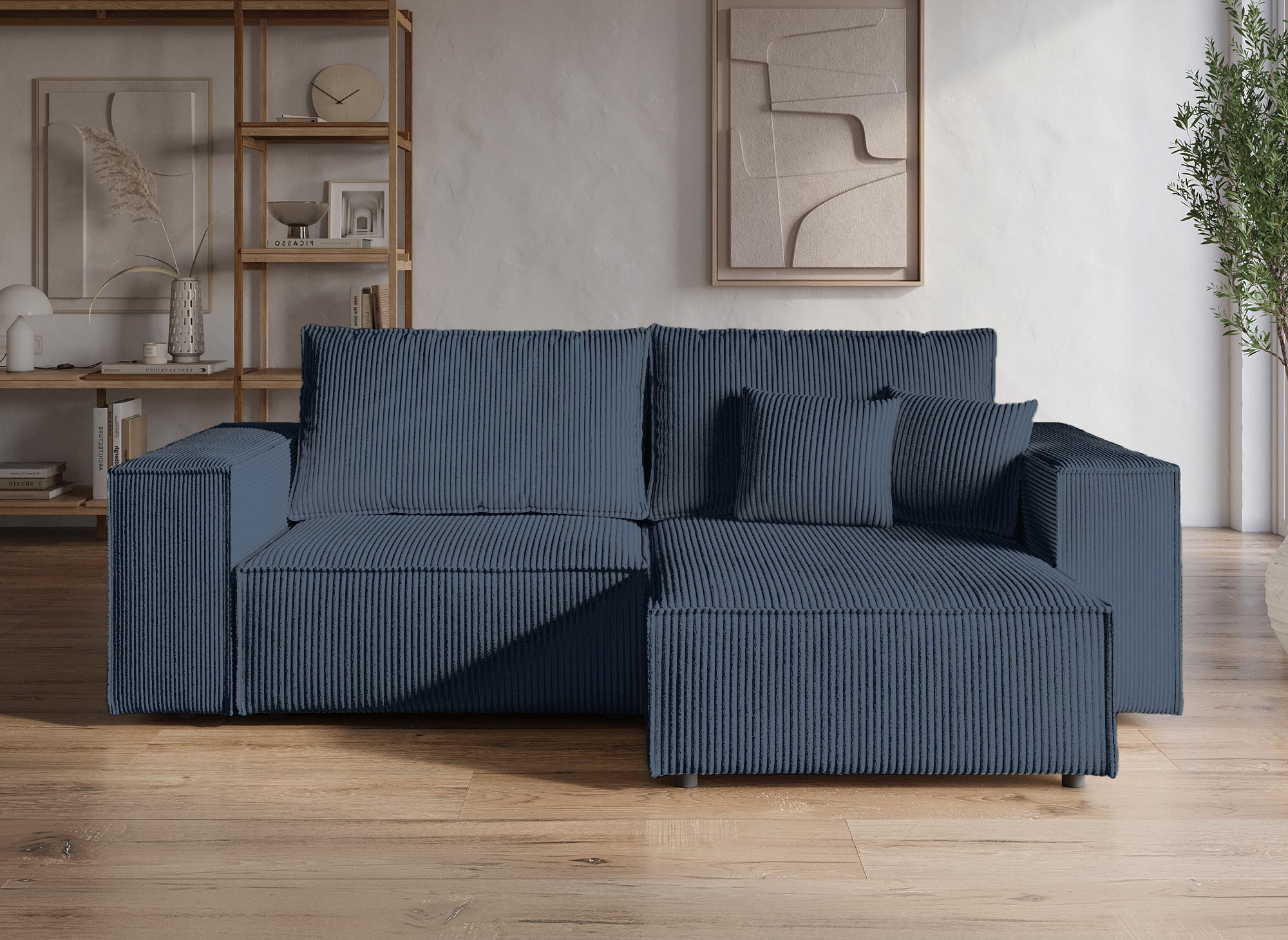 JADE MINI Ecksofa aus blauem Cord mit Stauraum, umwandelbar und wendbar