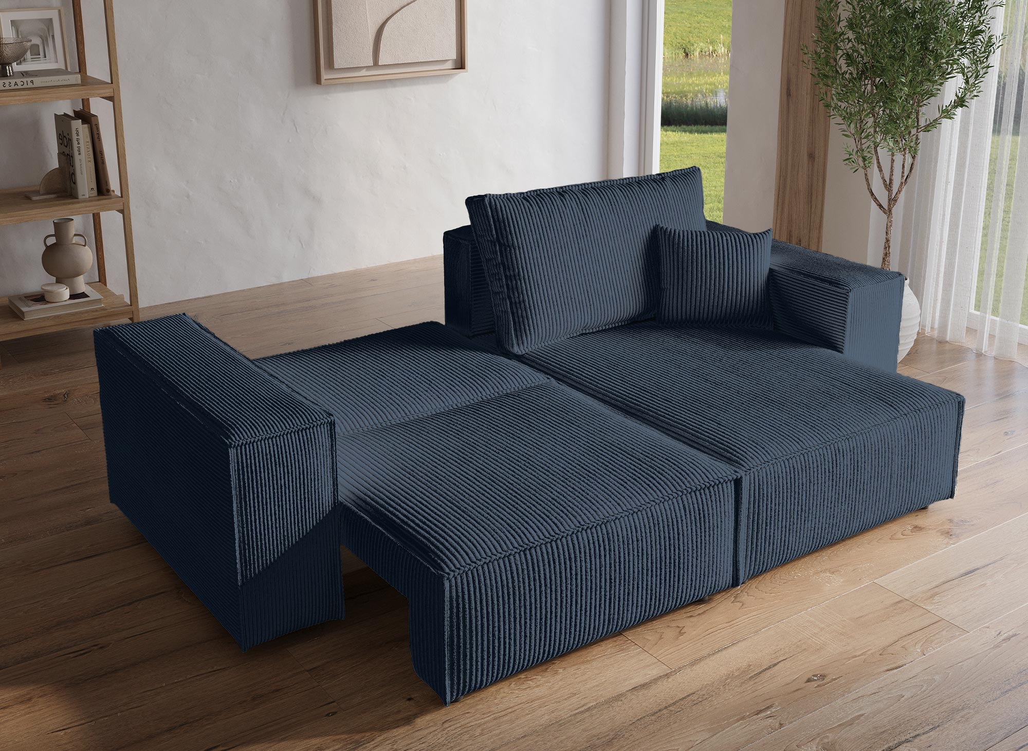 JADE MINI Ecksofa aus blauem Cord mit Stauraum, umwandelbar und wendbar