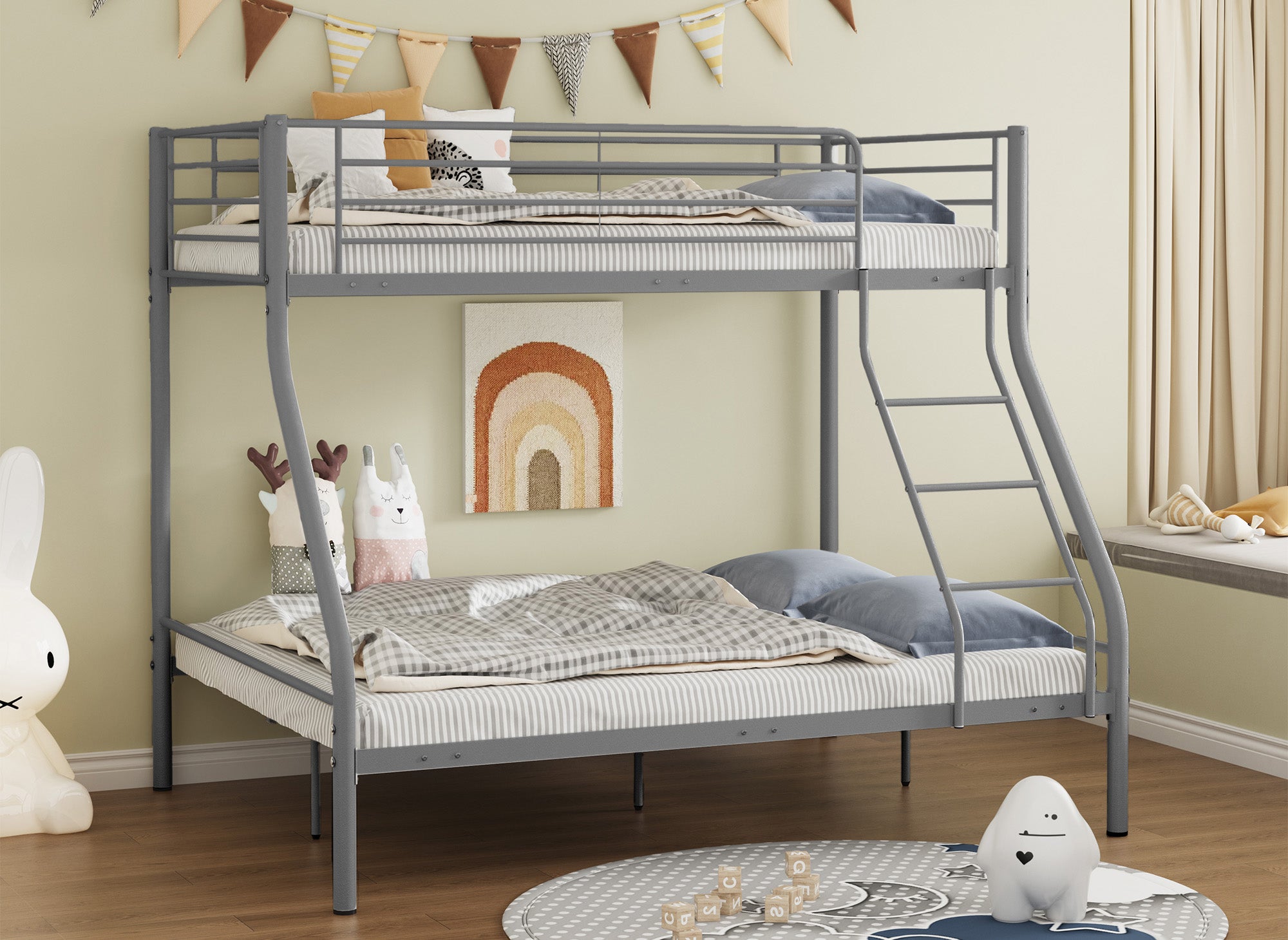 TRINITY 3-Sitzer-Etagenbett aus grauem Metall 90 x 190 cm und 140 x 190 cm