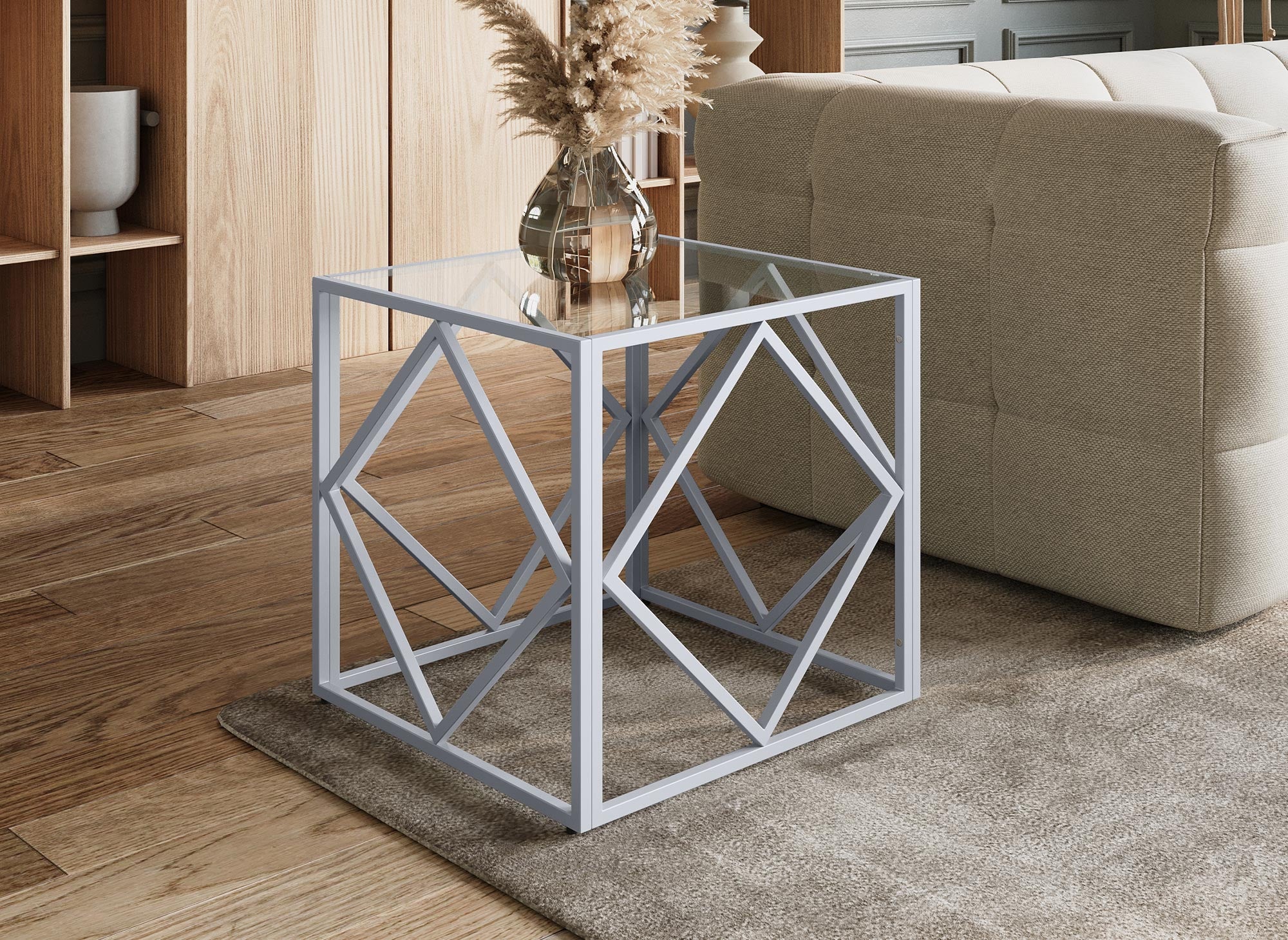 Quadratischer Designer-Couchtisch ELIO aus Glas und Metall