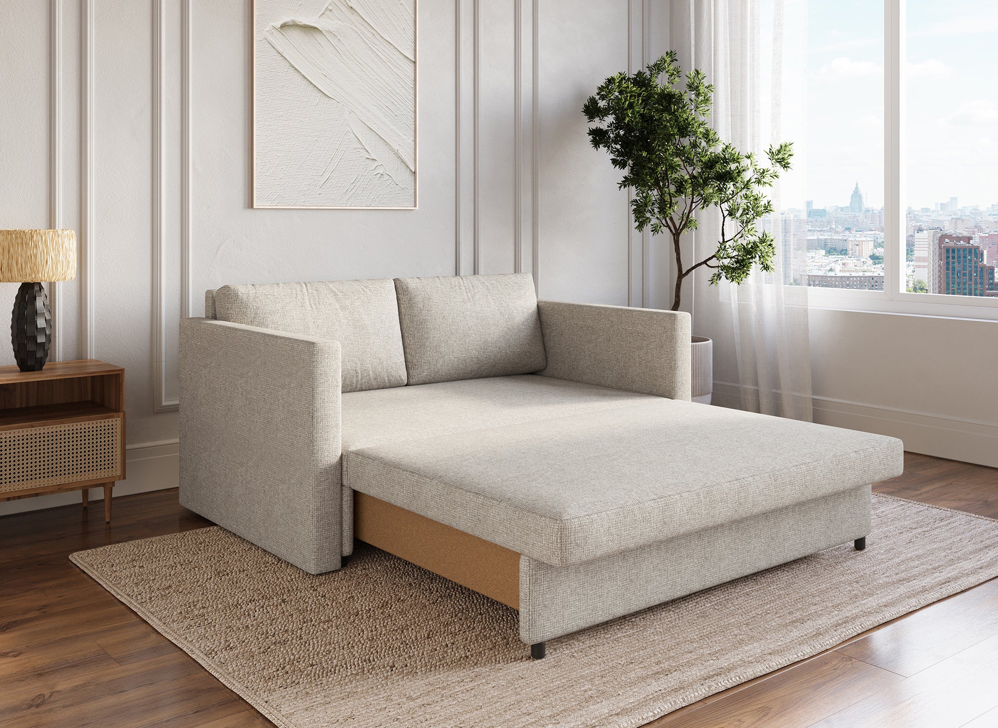 2-Sitzer-Schlafsofa mit Aufbewahrungsbox aus beigem Stoff YERAZ