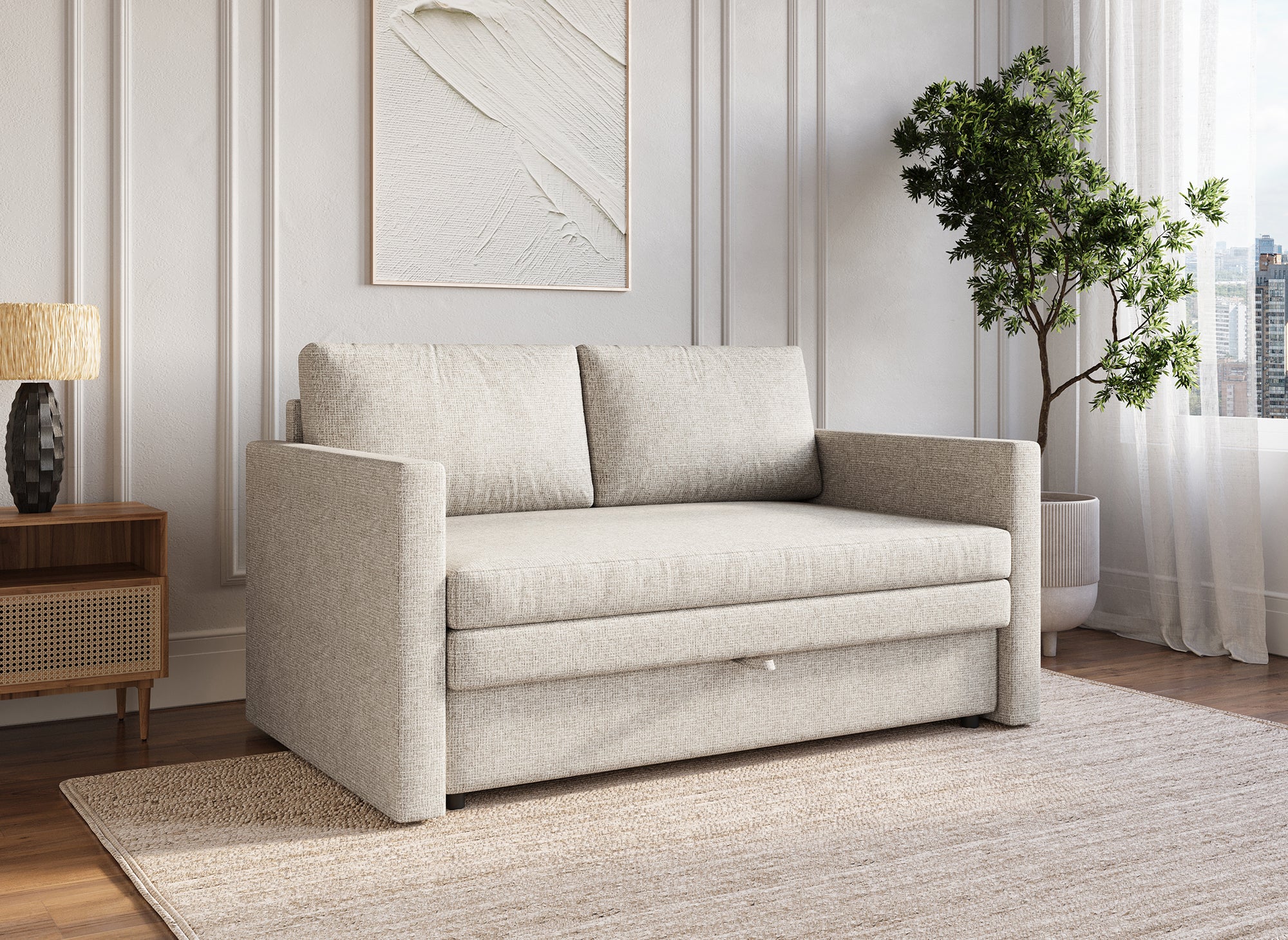 2-Sitzer-Schlafsofa mit Aufbewahrungsbox aus beigem Stoff YERAZ