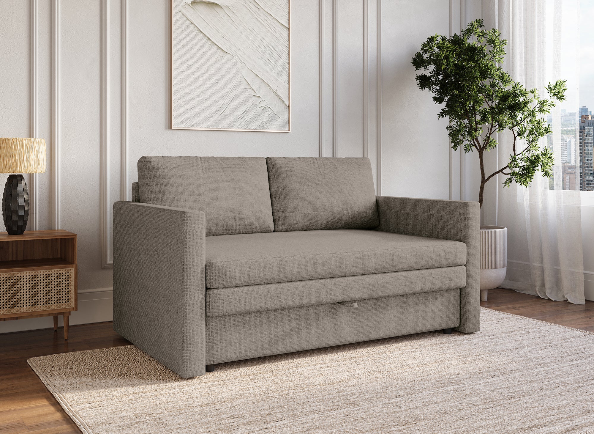 YERAZ 2-Sitzer-Schlafsofa mit Aufbewahrungsbox aus taupefarbenem Stoff