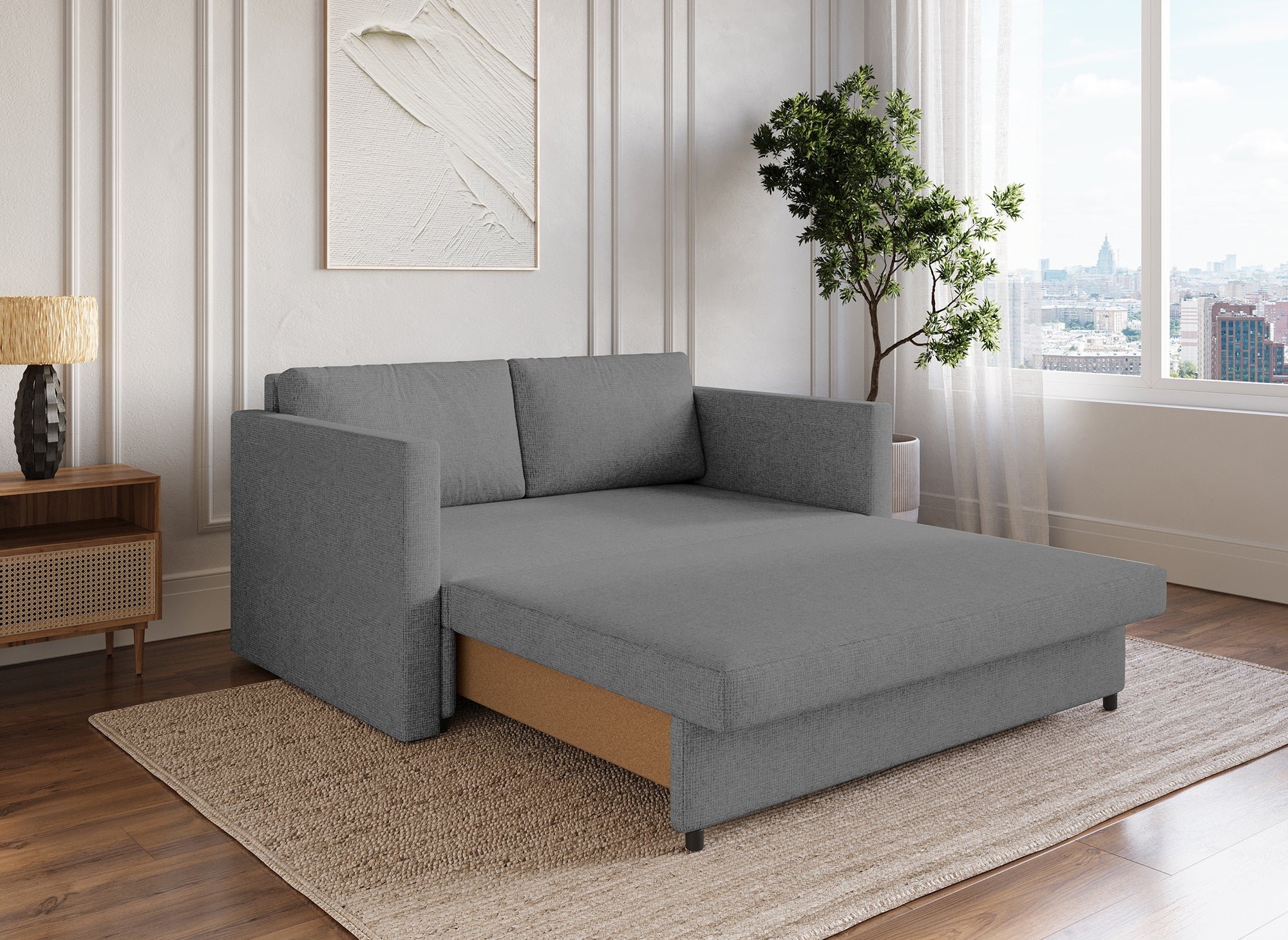 YERAZ 2-Sitzer-Schlafsofa mit Aufbewahrungsbox aus grauem Stoff