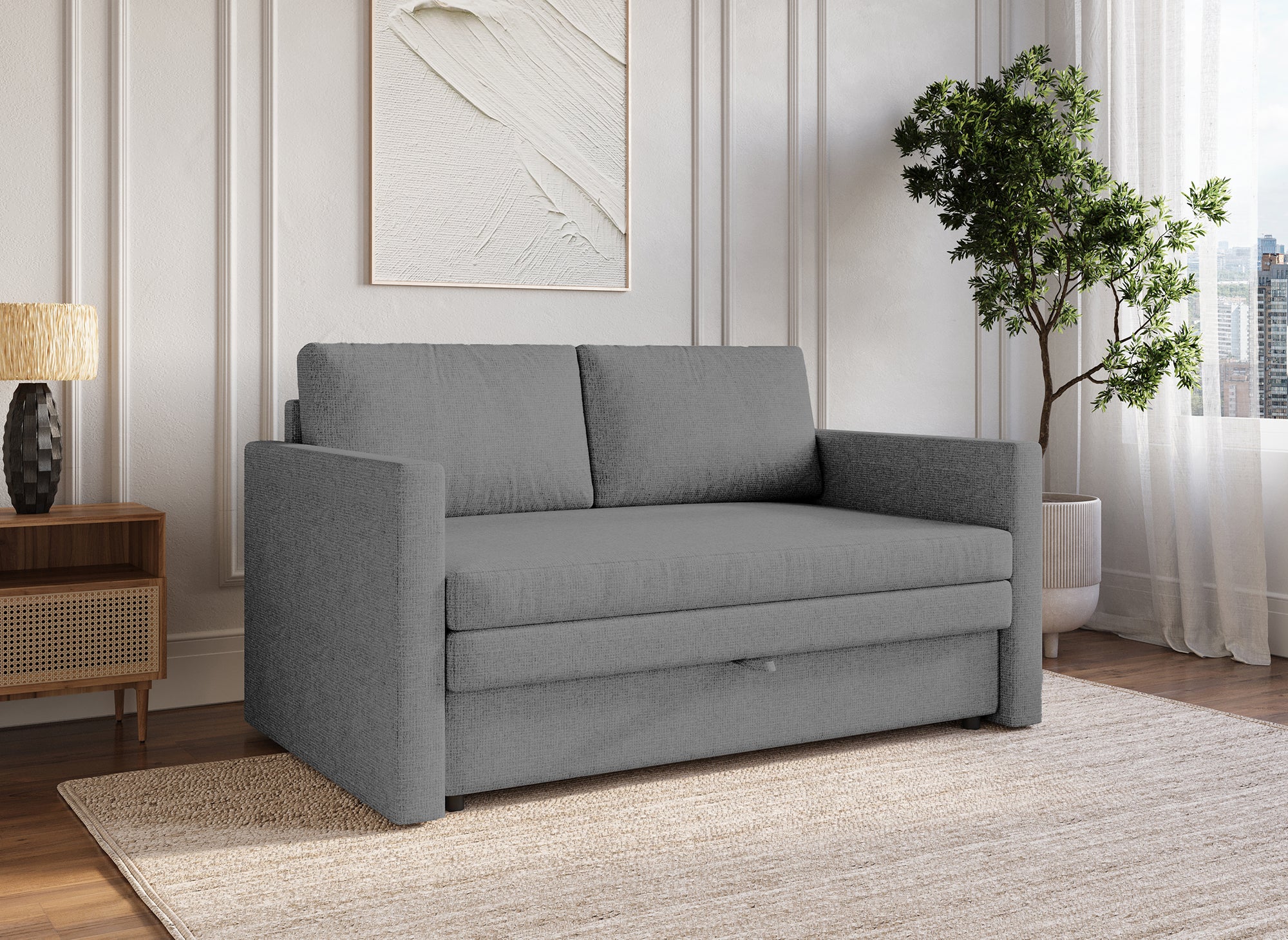 YERAZ 2-Sitzer-Schlafsofa mit Aufbewahrungsbox aus grauem Stoff