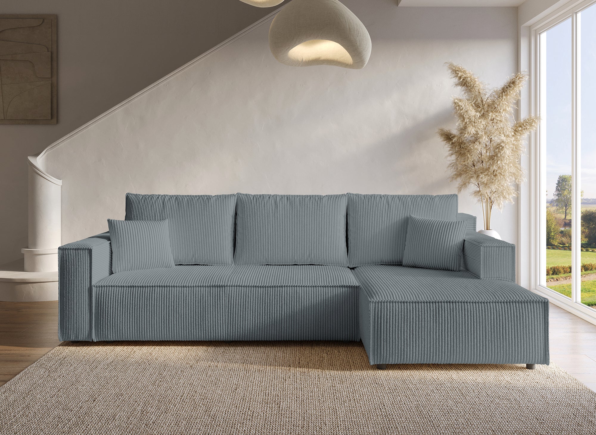 SYNA Ecksofa aus grauem Cord mit Stauraum