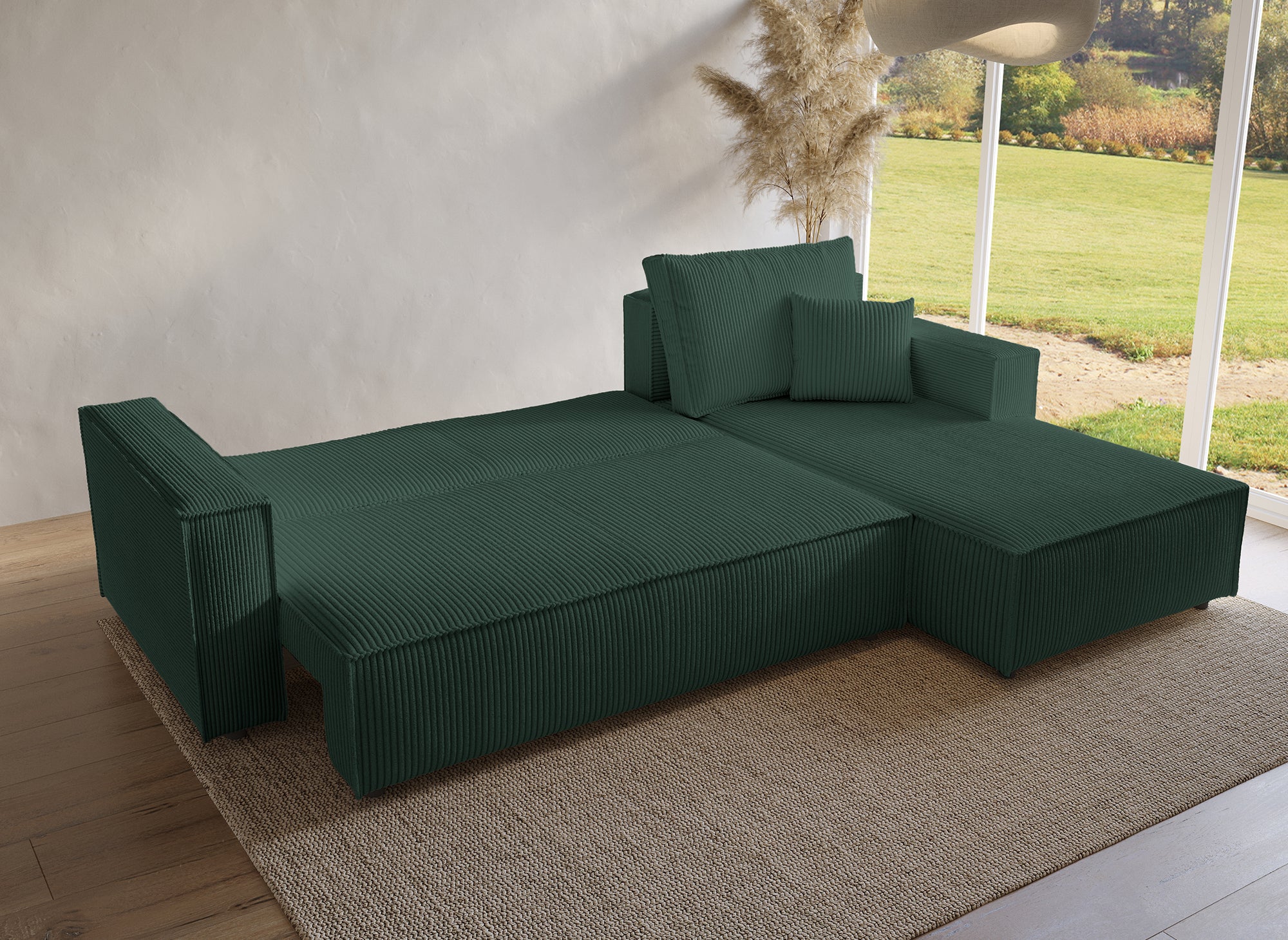 SYNA Ecksofa aus grünem Cord mit Stauraum, umwandelbar