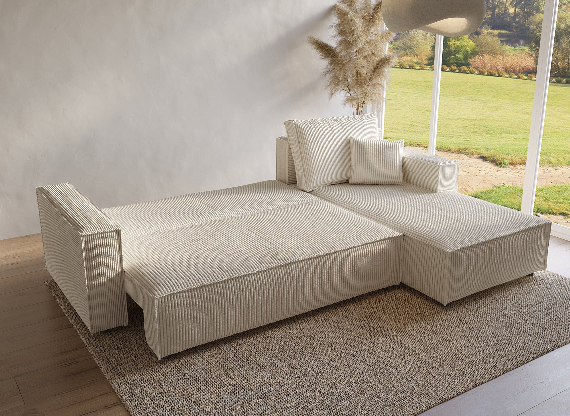 SYNA Ecksofa aus beigefarbenem Cord mit Stauraum