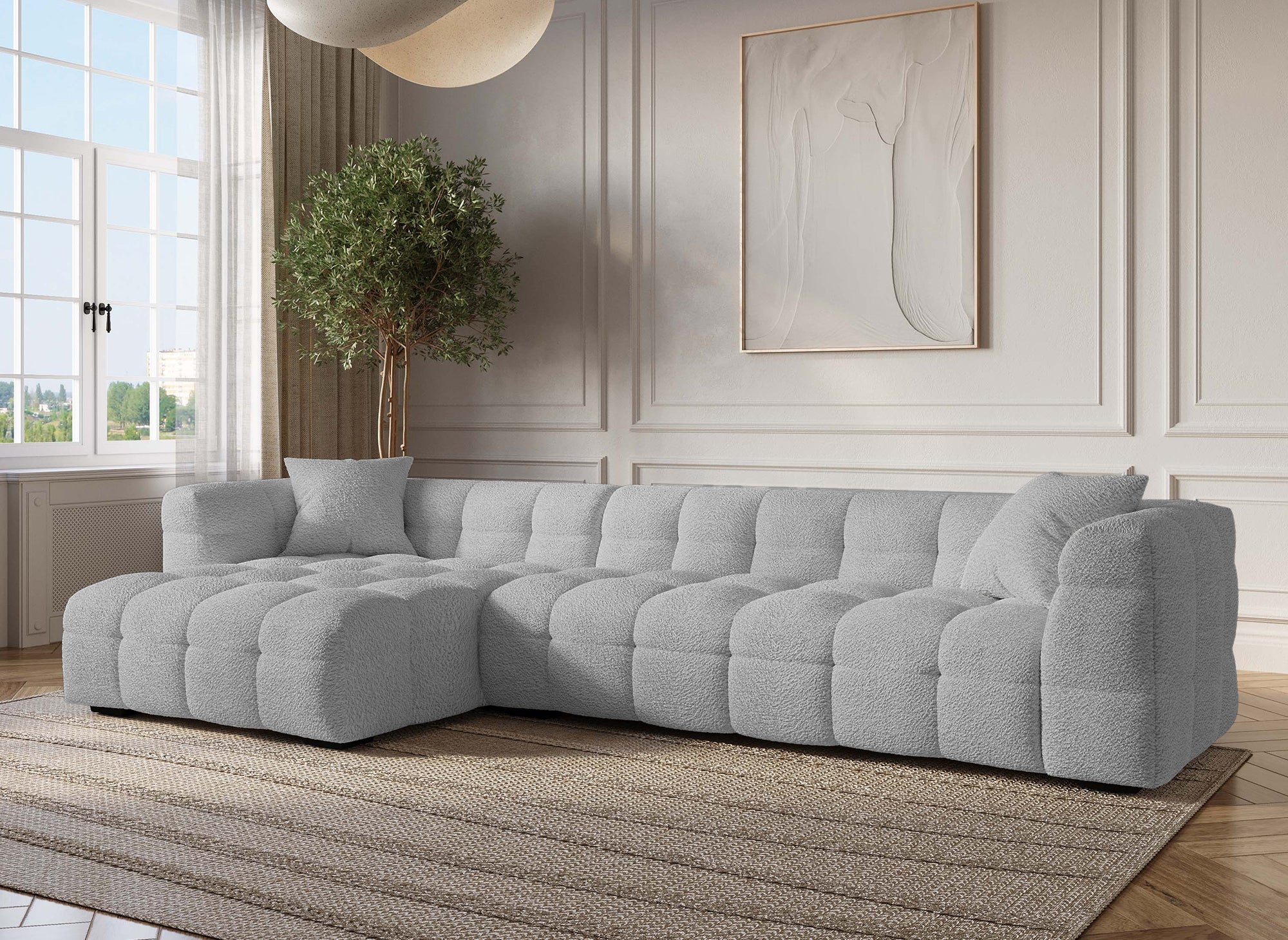 Ecksofa BELLA in grauem Schaffell-Effekt – linke Ecke