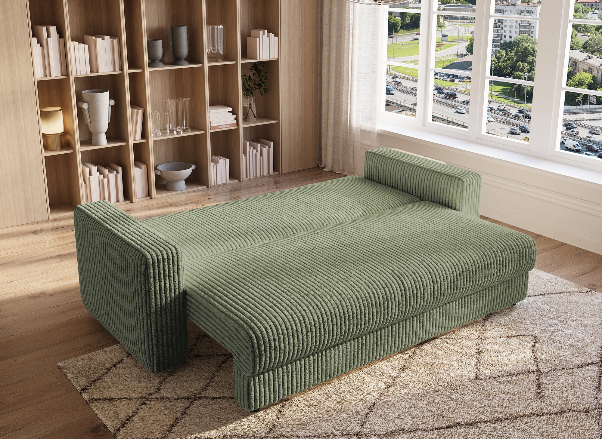 ZURIA 3-Sitzer-Schlafsofa mit Stauraum aus dickem khakigrünem Cord