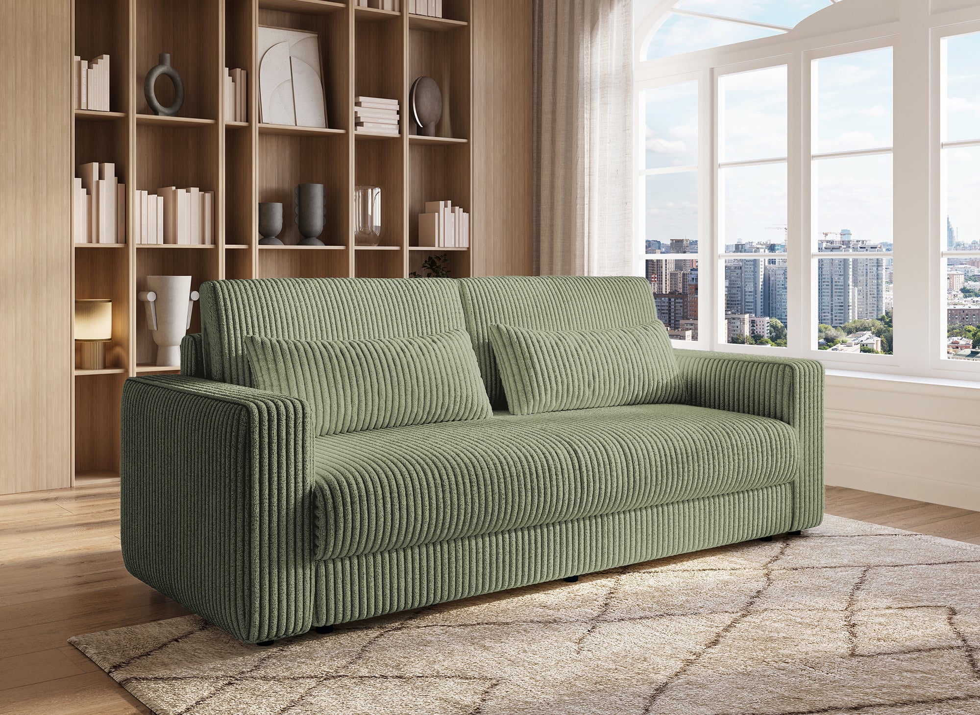 ZURIA 3-Sitzer-Schlafsofa mit Stauraum aus dickem khakigrünem Cord