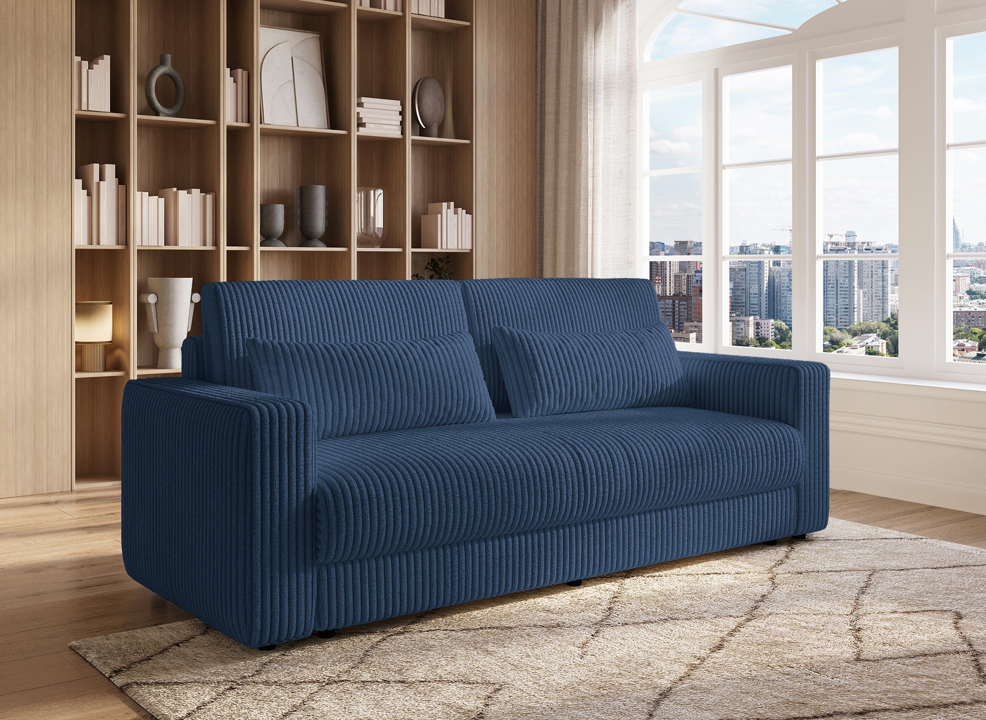 ZURIA 3-Sitzer-Schlafsofa mit Stauraum aus dickem blauem Cord