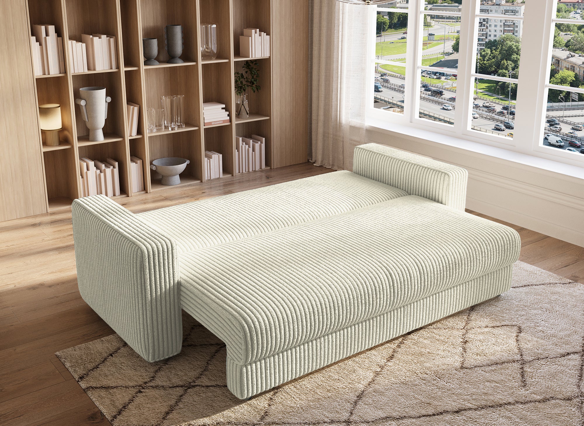 ZURIA 3-Sitzer-Schlafsofa mit Stauraum aus dickem, beigem Cord