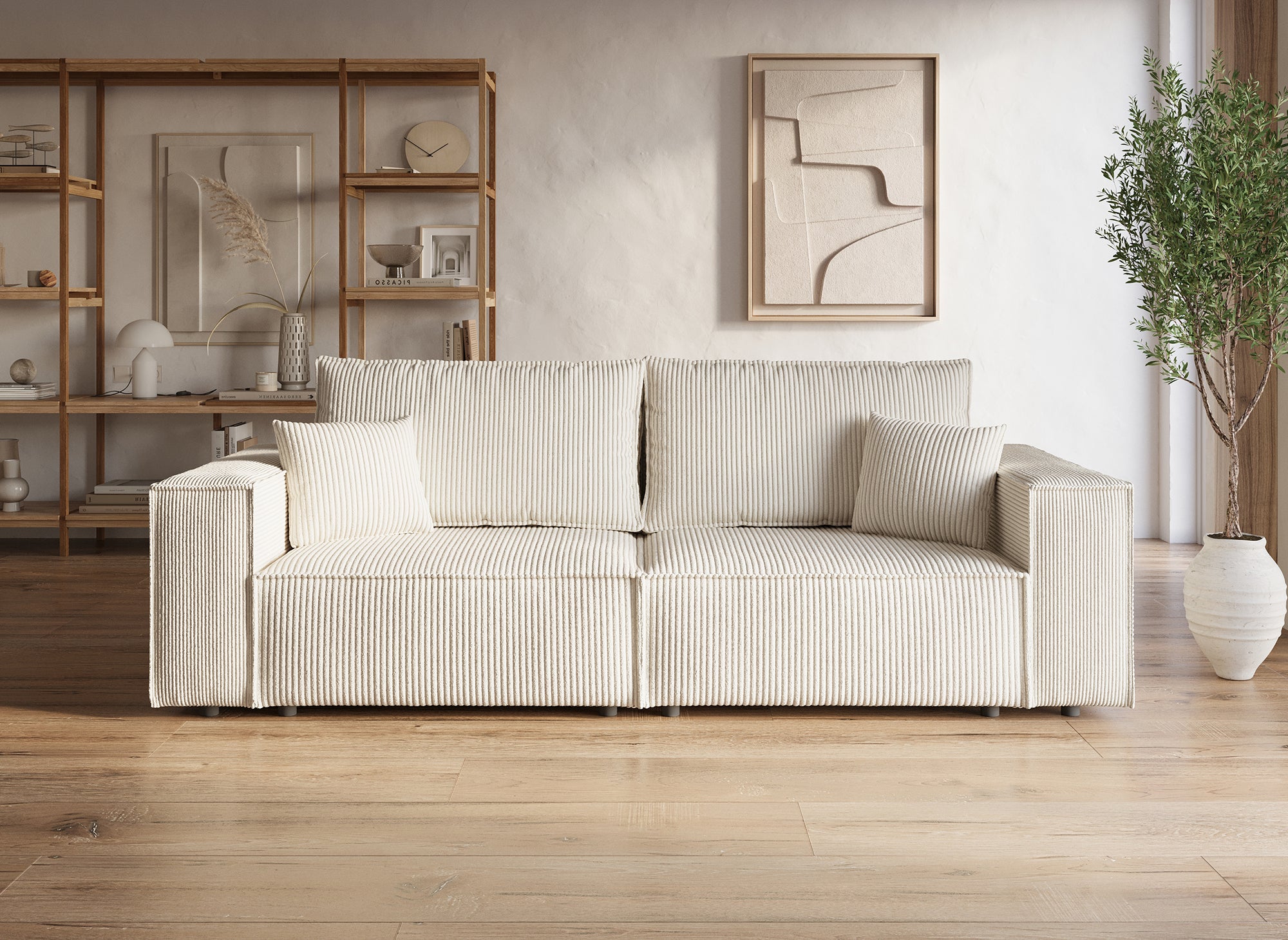 JADE beigefarbenes 3-Sitzer-Sofa aus Cord mit Stauraum