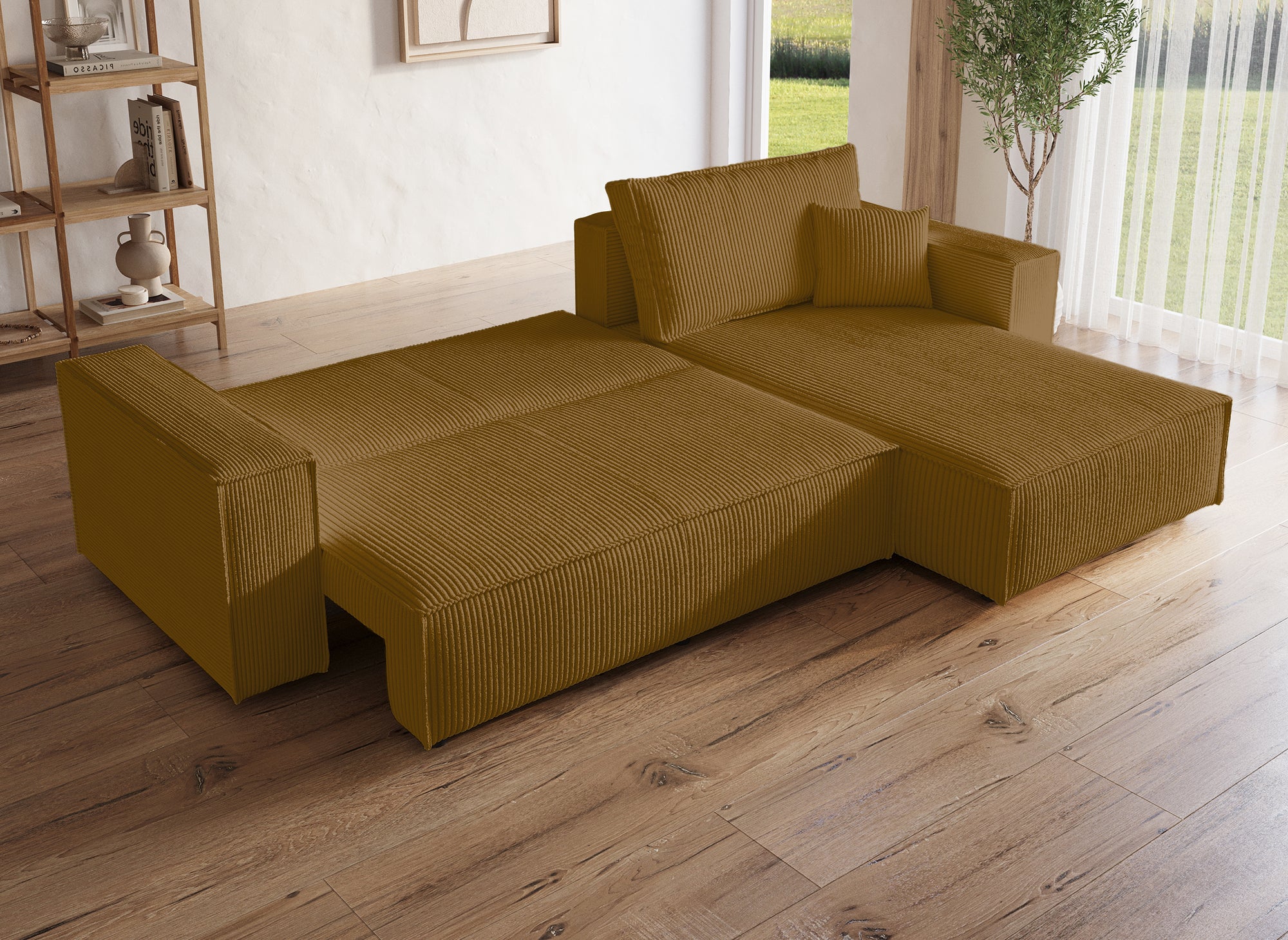 JADE umwandelbares und wendbares Ecksofa mit Stauraum aus senffarbenem Cord