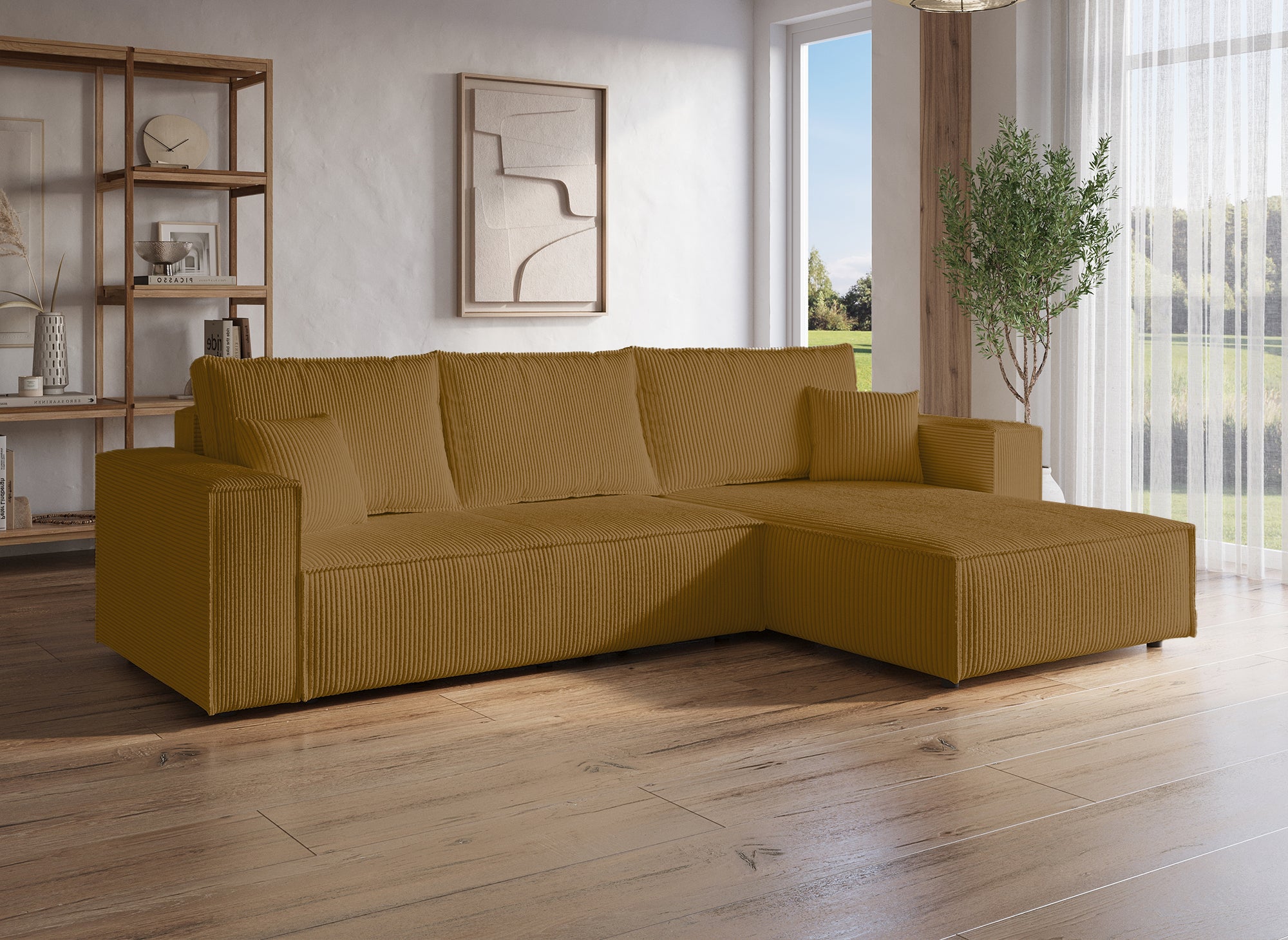 JADE umwandelbares und wendbares Ecksofa mit Stauraum aus senffarbenem Cord
