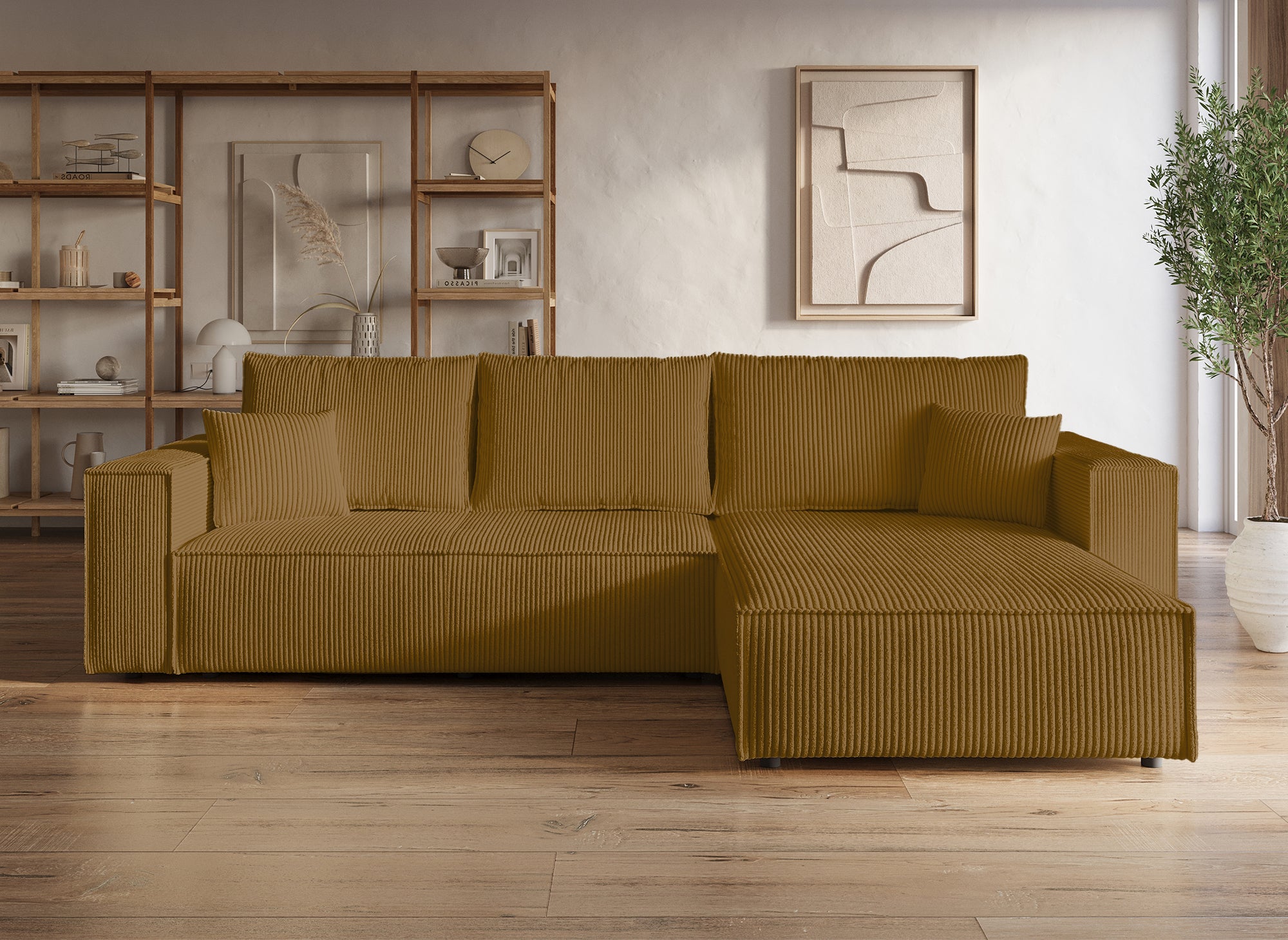 JADE umwandelbares und wendbares Ecksofa mit Stauraum aus senffarbenem Cord