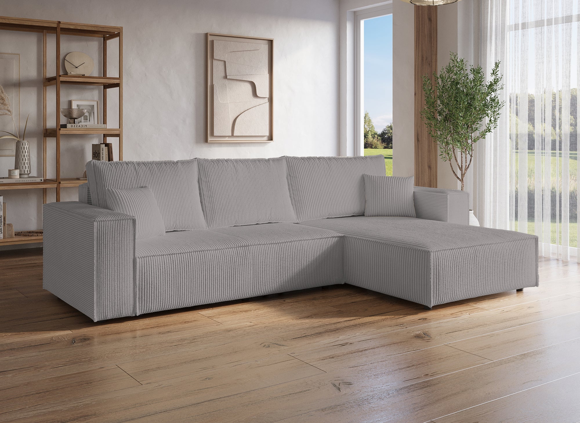 JADE Wandelbares und wendbares Ecksofa mit Stauraum aus hellgrauem geripptem Samt