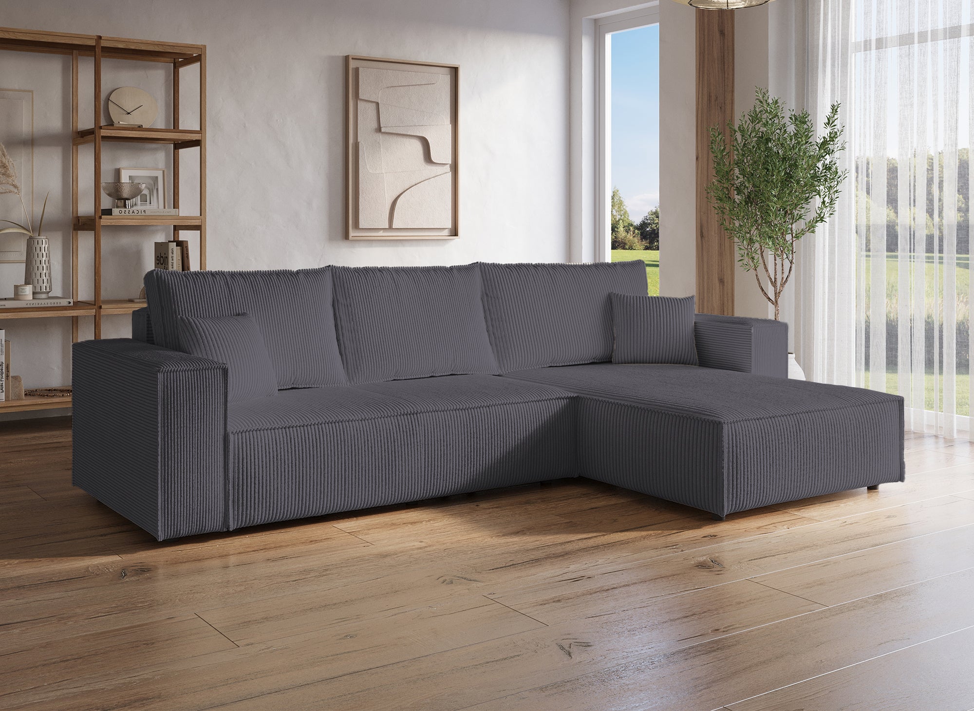 JADE Wandelbares und wendbares Ecksofa mit Stauraum aus anthrazitgrauem Cord