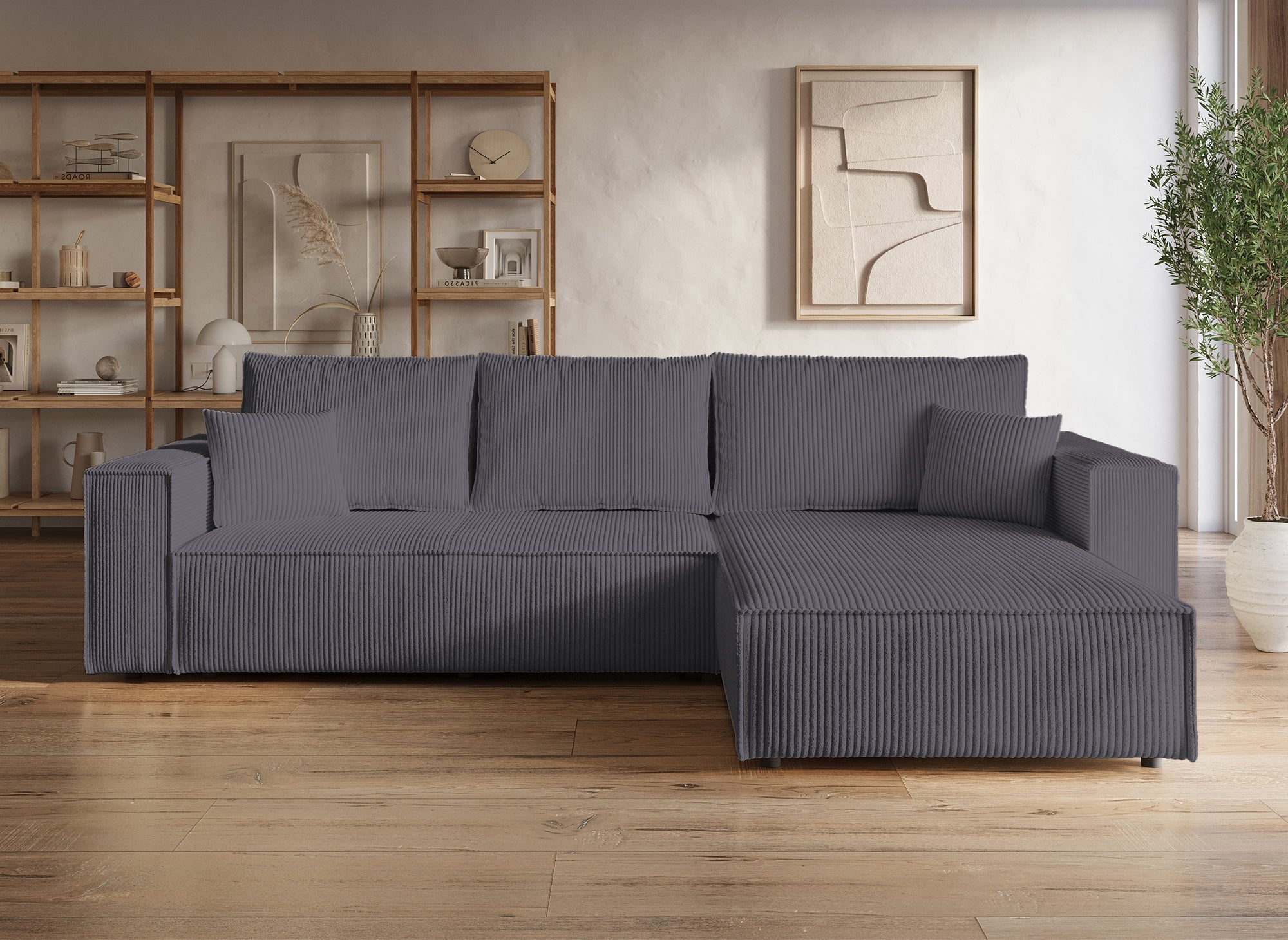 JADE Wandelbares und wendbares Ecksofa mit Stauraum aus anthrazitgrauem Cord