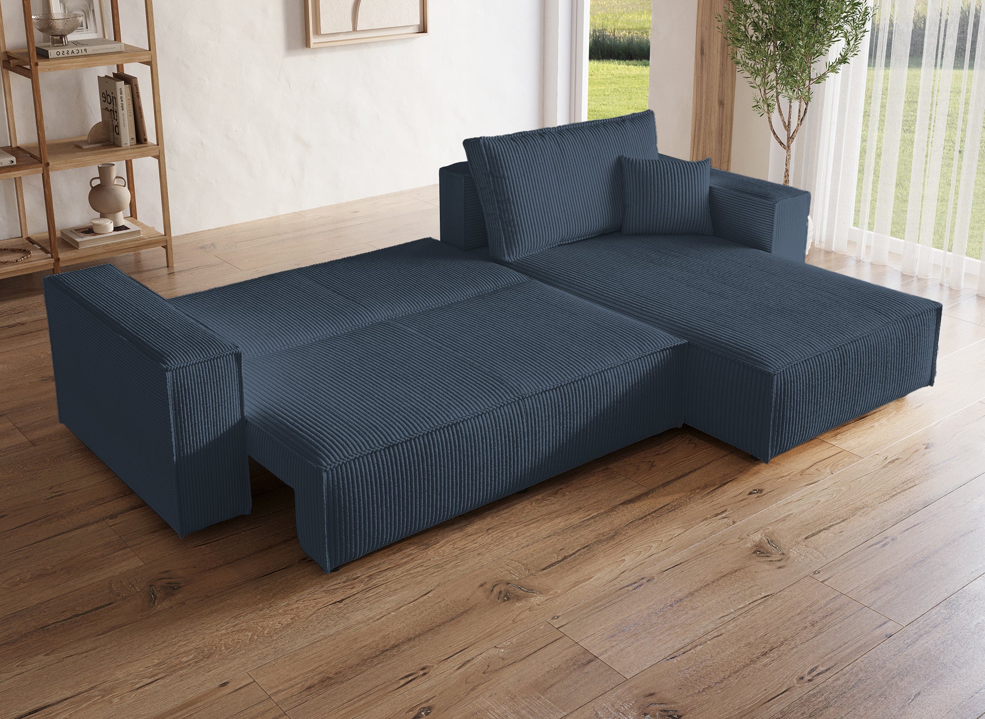 JADE Ecksofa aus dunkelblauem Cord mit Stauraum, umwandelbar