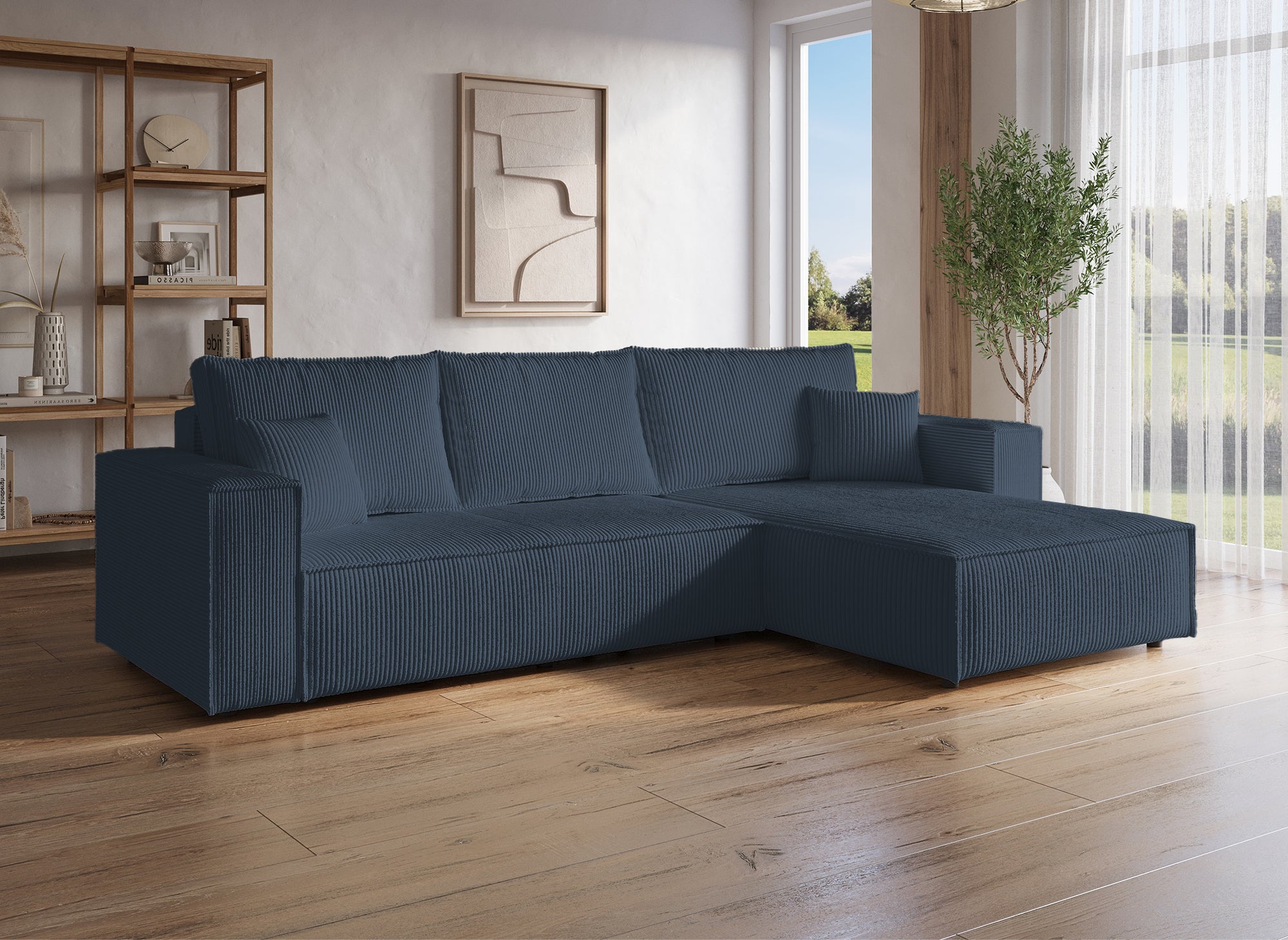 JADE Ecksofa aus dunkelblauem Cord mit Stauraum, umwandelbar