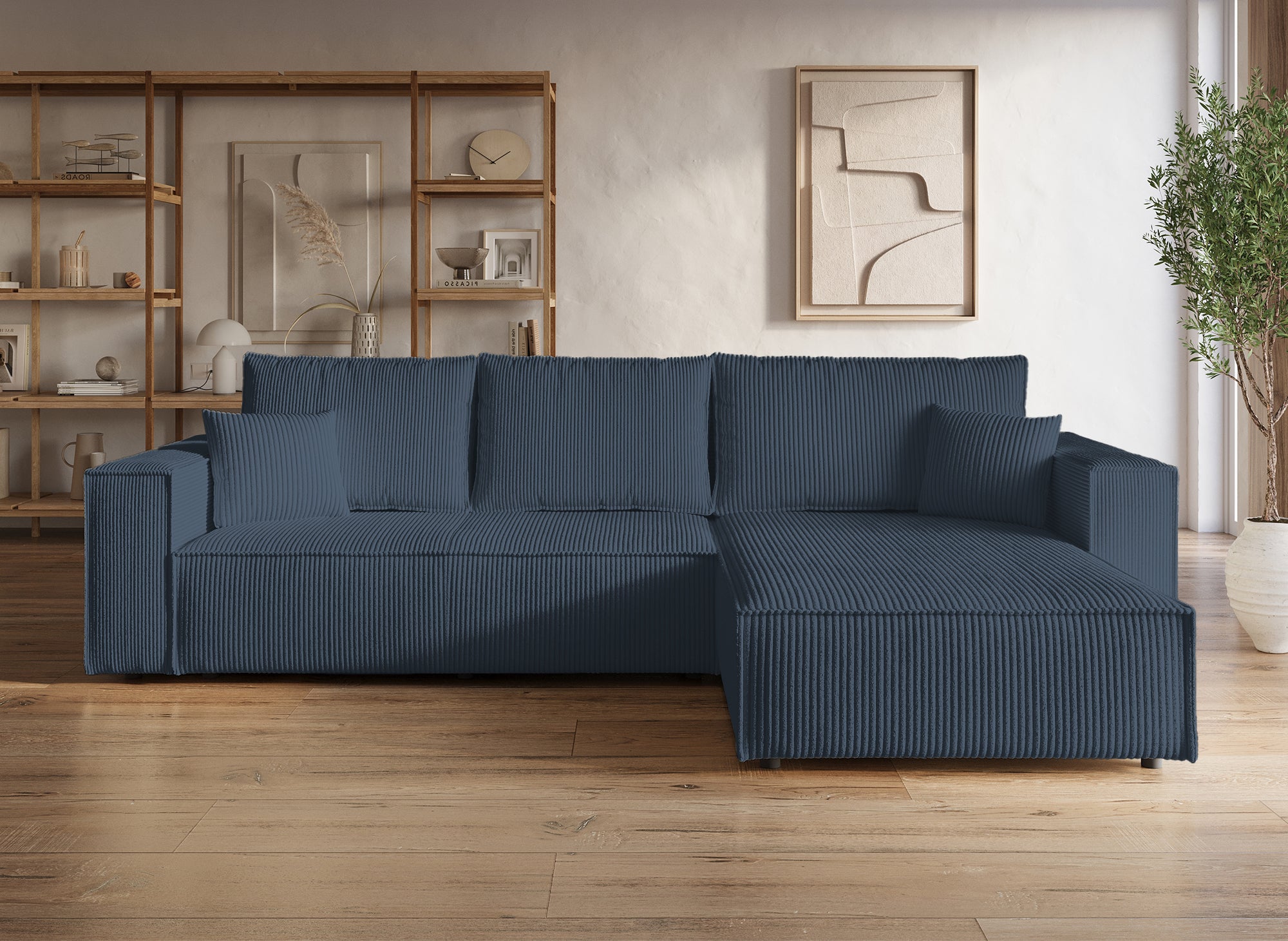 JADE Ecksofa aus dunkelblauem Cord mit Stauraum, umwandelbar