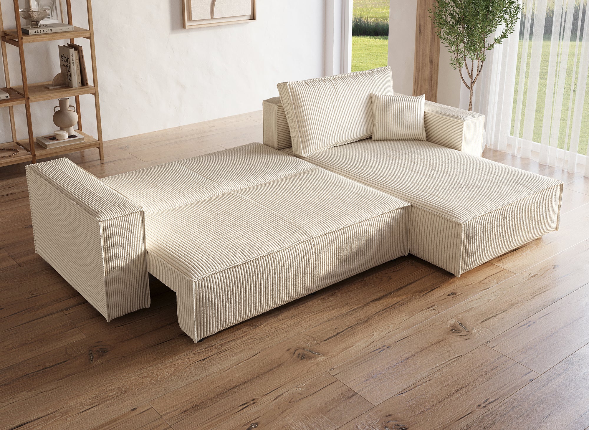 JADE Ecksofa aus geripptem Samt in Beige mit Stauraum, umwandelbar und wendbar