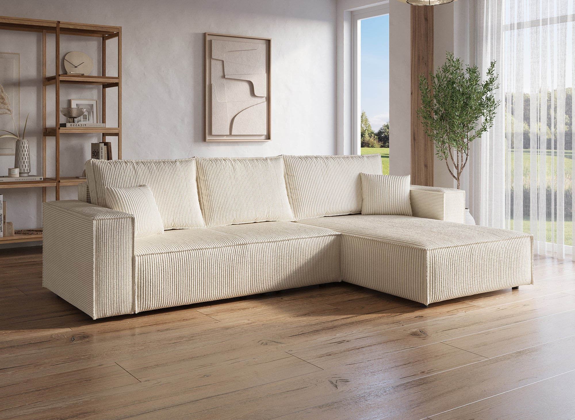 JADE Ecksofa aus geripptem Samt in Beige mit Stauraum, umwandelbar und wendbar